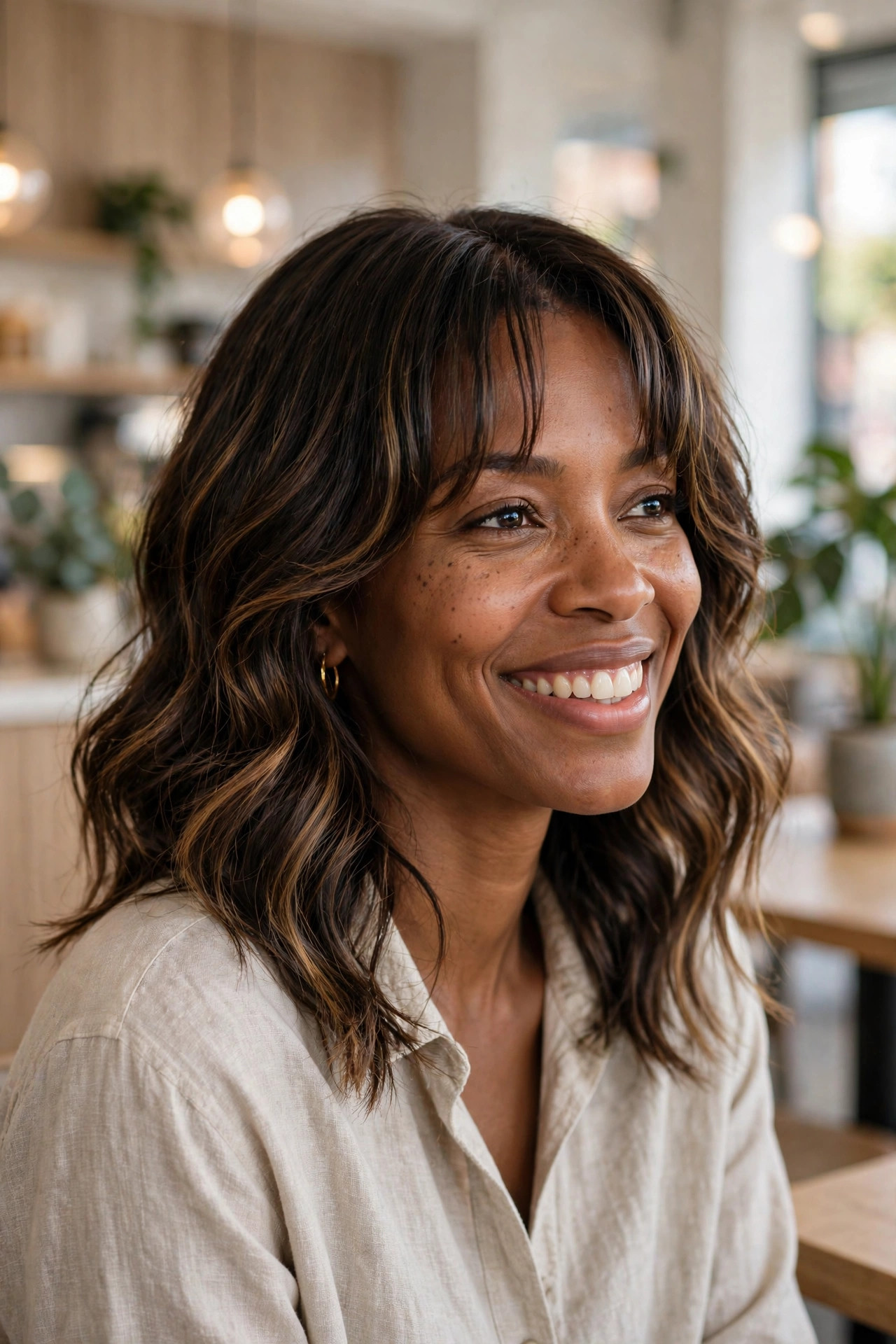 Woman with soft curtain layers in wavy shoulder-length hair