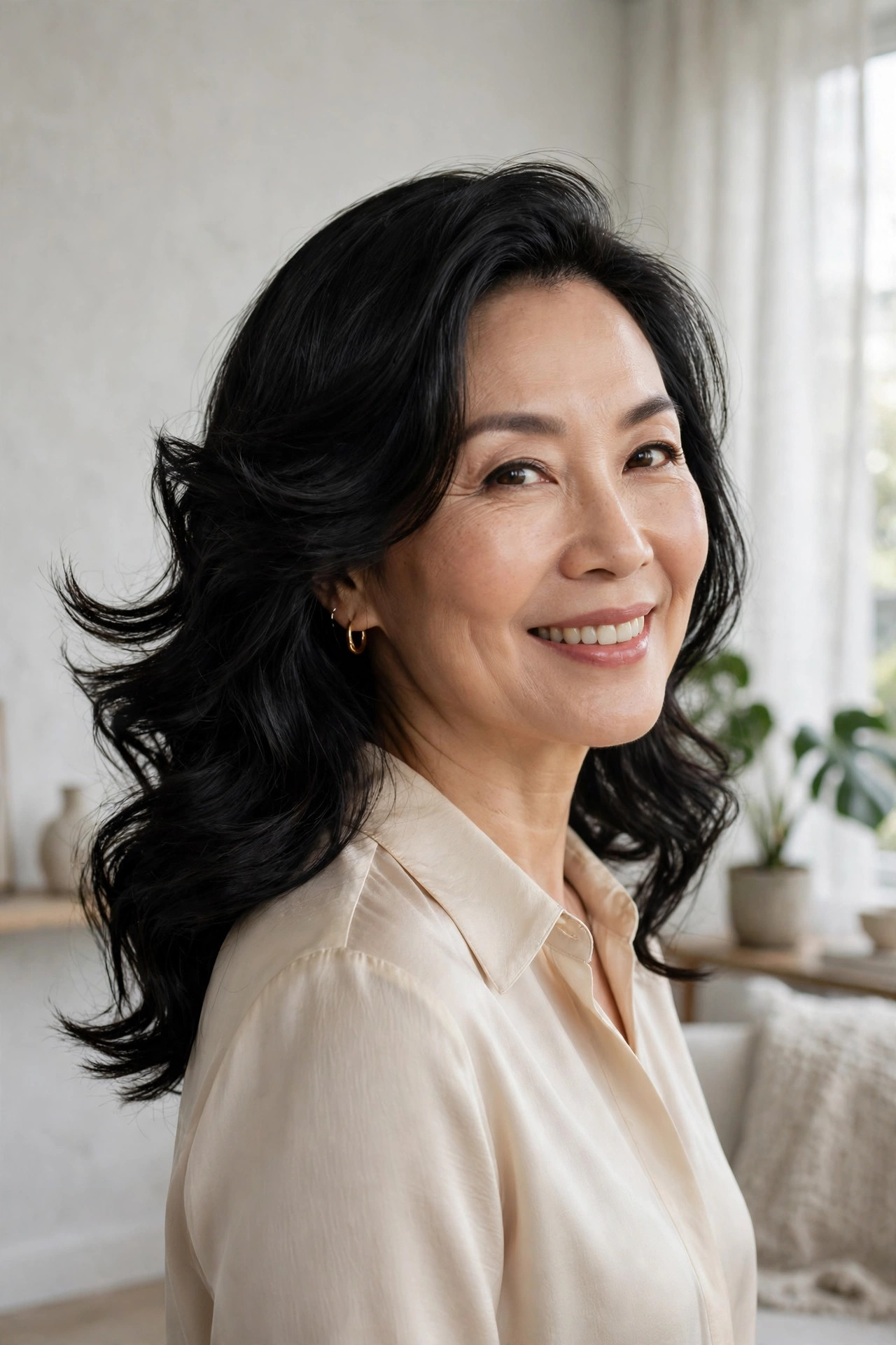 Woman with a side-swept wavy bob in glossy dark waves