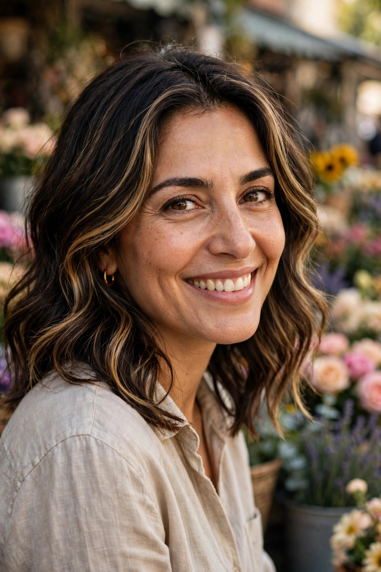 Woman with face-framing waves and honey highlights in mid-length hair