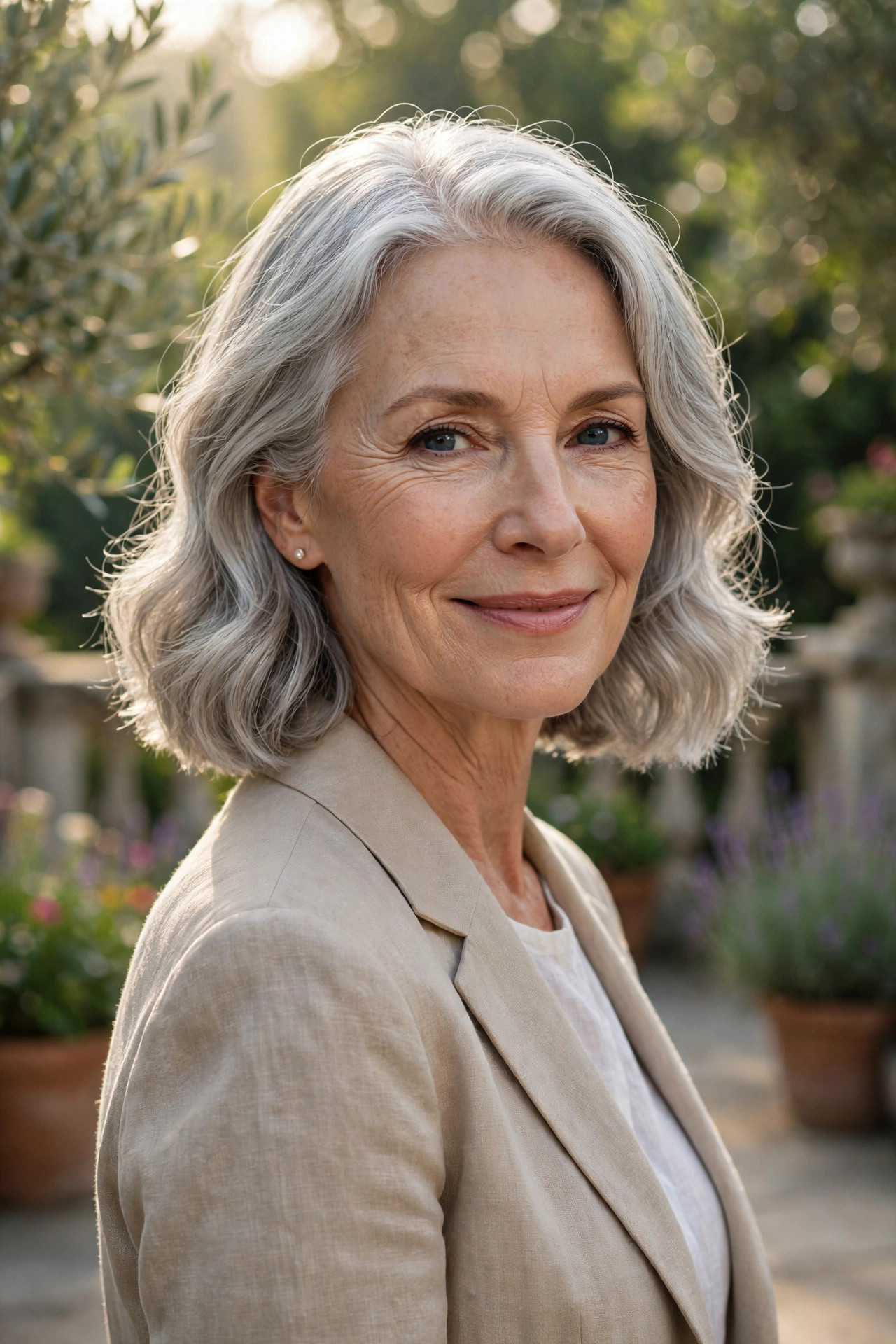 blunt wavy ends on silver-gray hair, elegant shoulder length hairstyles for wavy hair