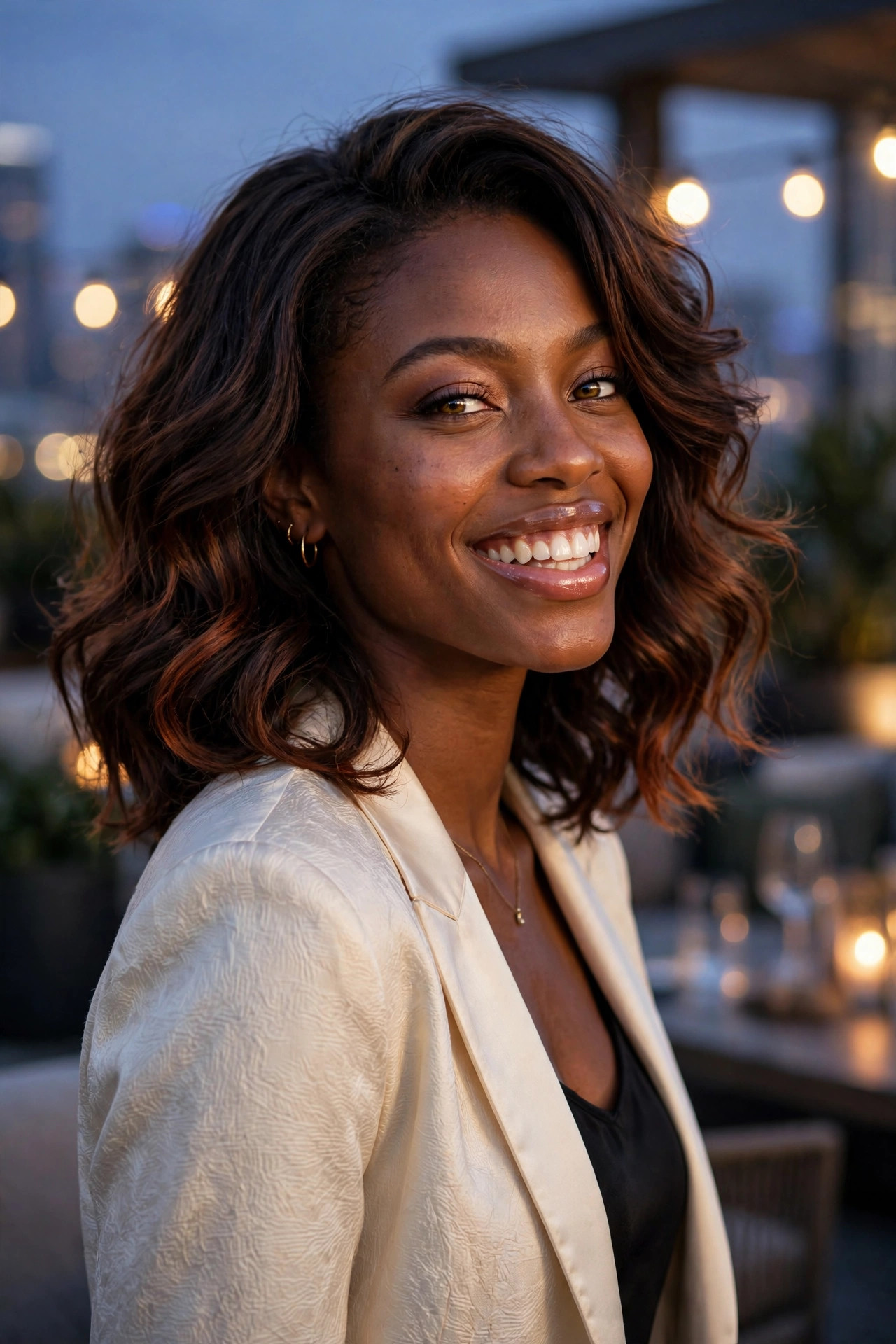 Woman with feathered wavy layers and auburn-toned volume