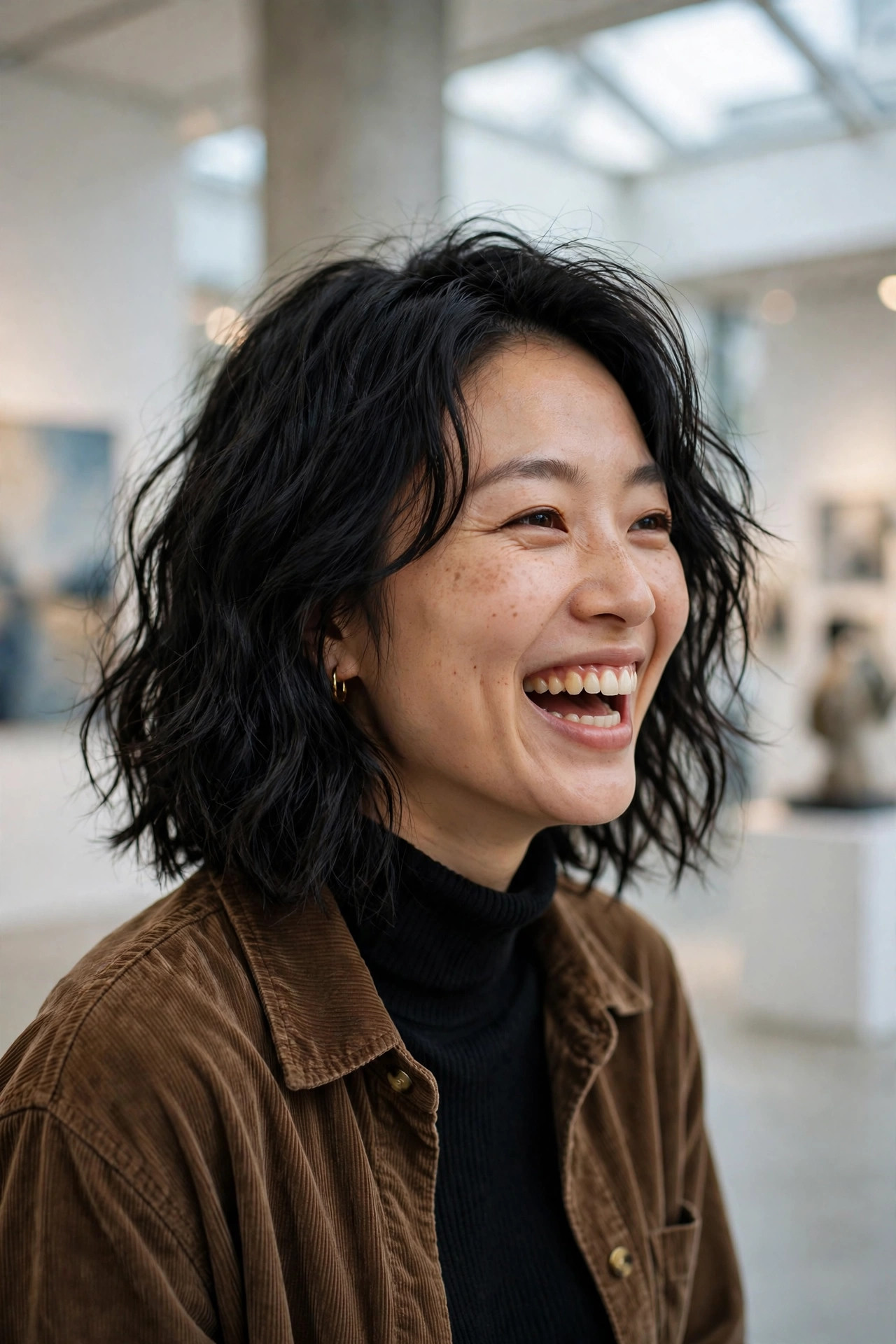 Woman with a choppy wavy midi cut and razored texture