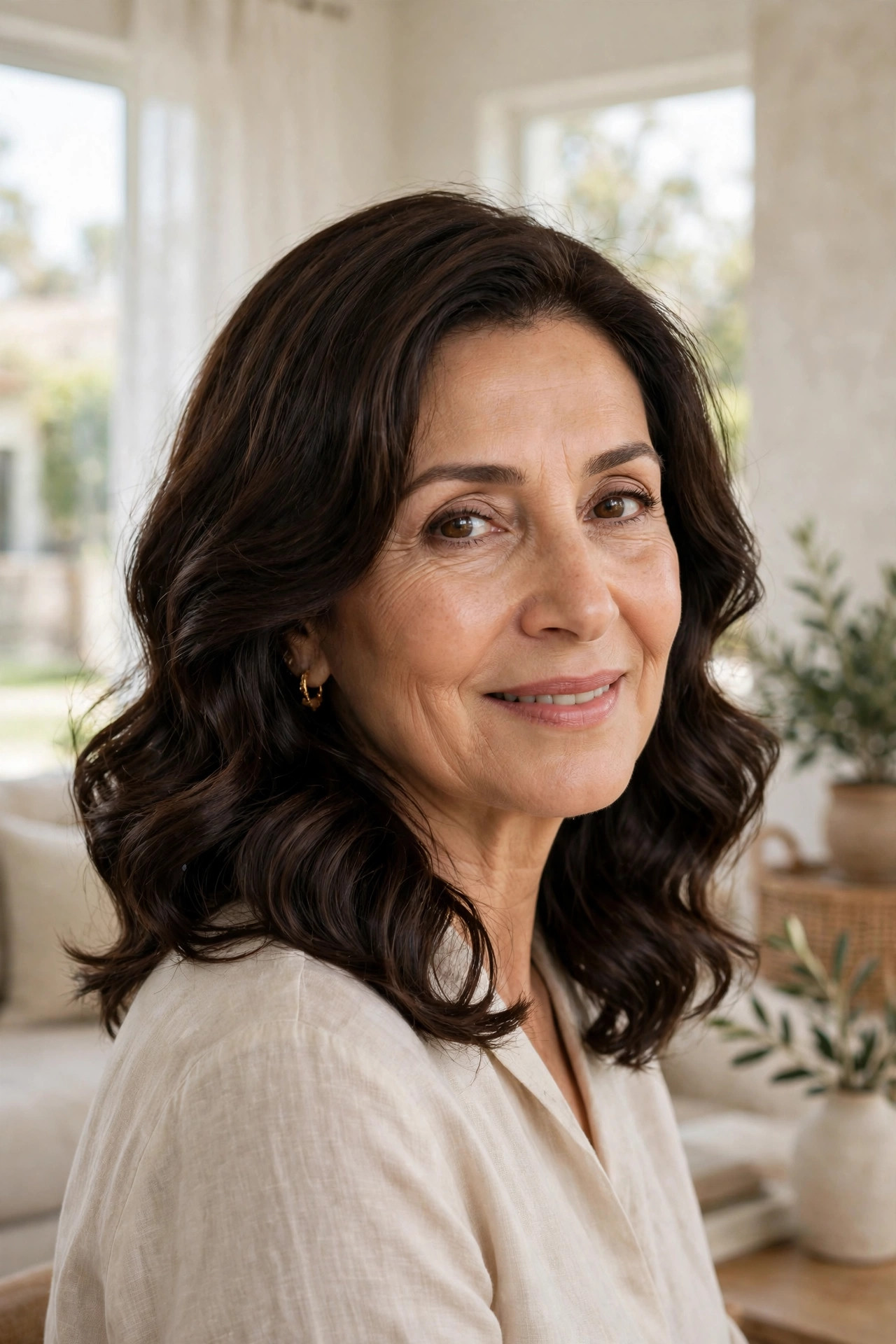 Woman with soft sculpted S-wave layers in dark brown hair