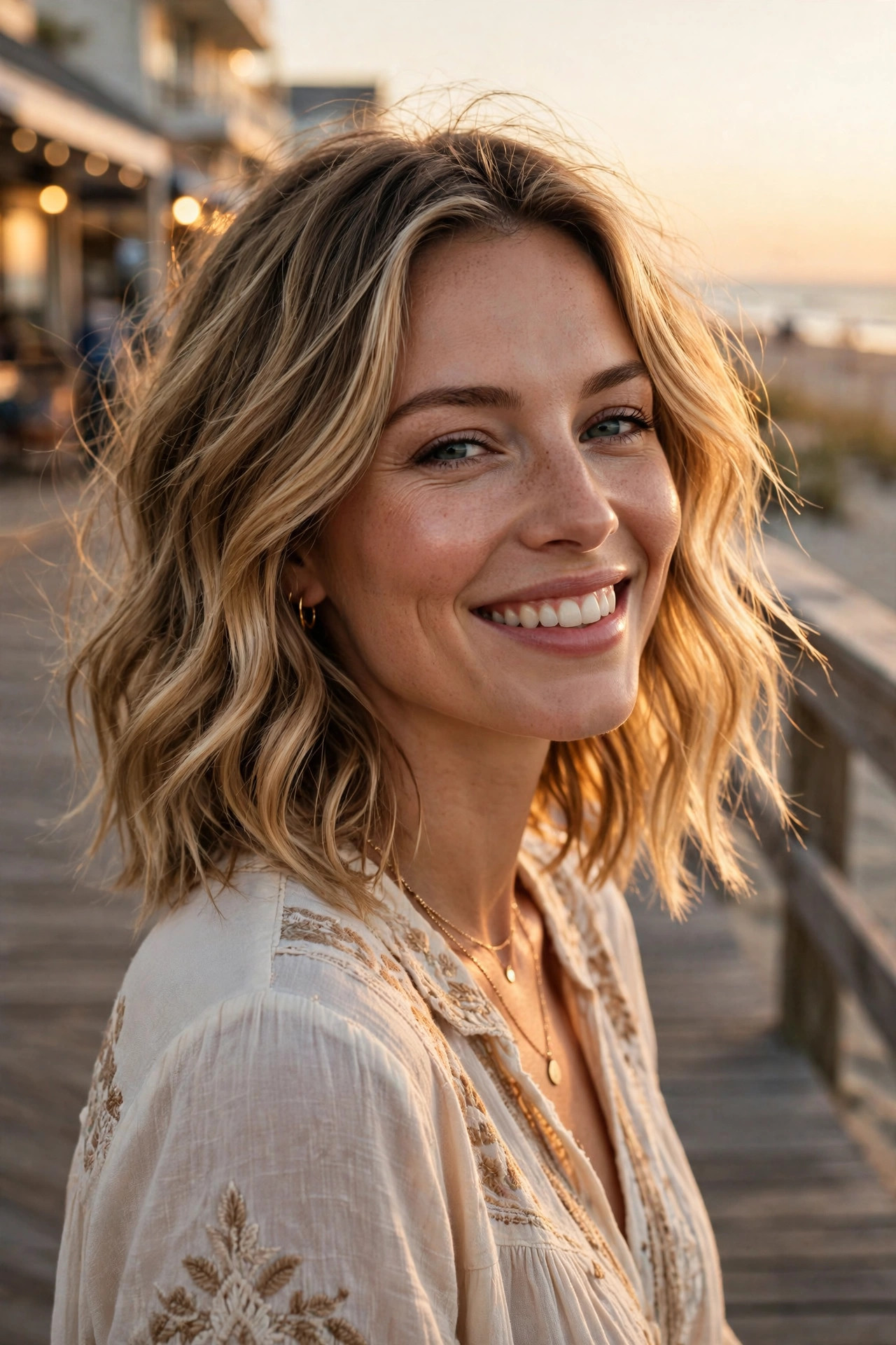 wavy balayage layers in honey blonde, luminous shoulder length hairstyles for wavy hair