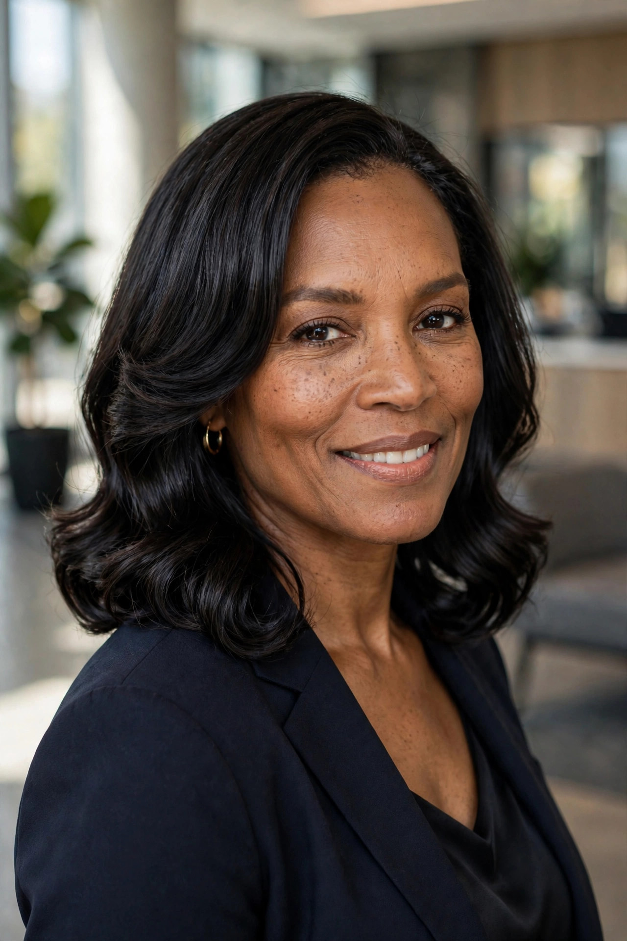 Woman with a curved collarbone cut in glossy inward-swept waves