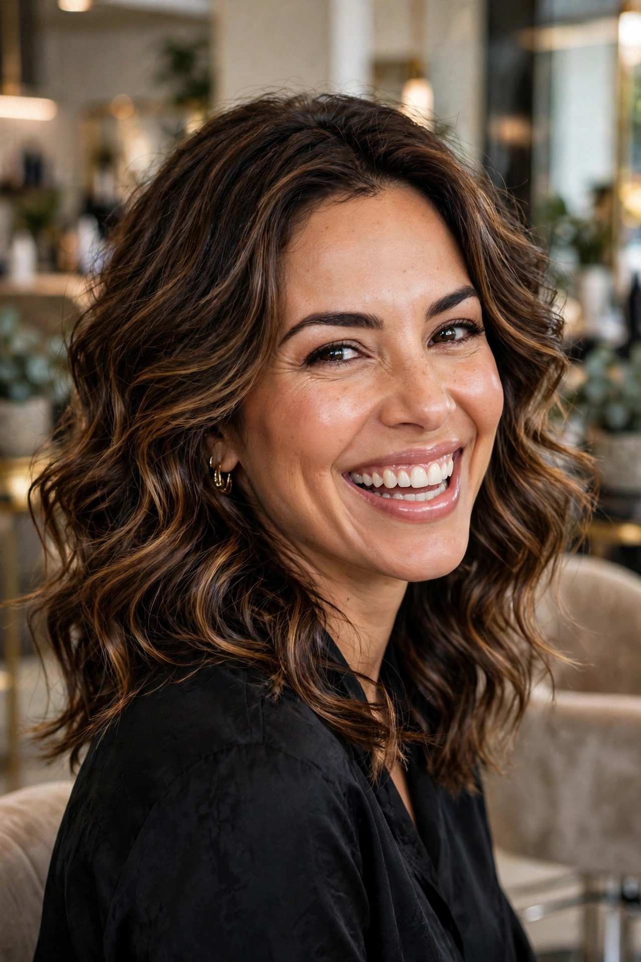 voluminous wavy layers with caramel highlights, glamorous shoulder length hairstyles for wavy hair
