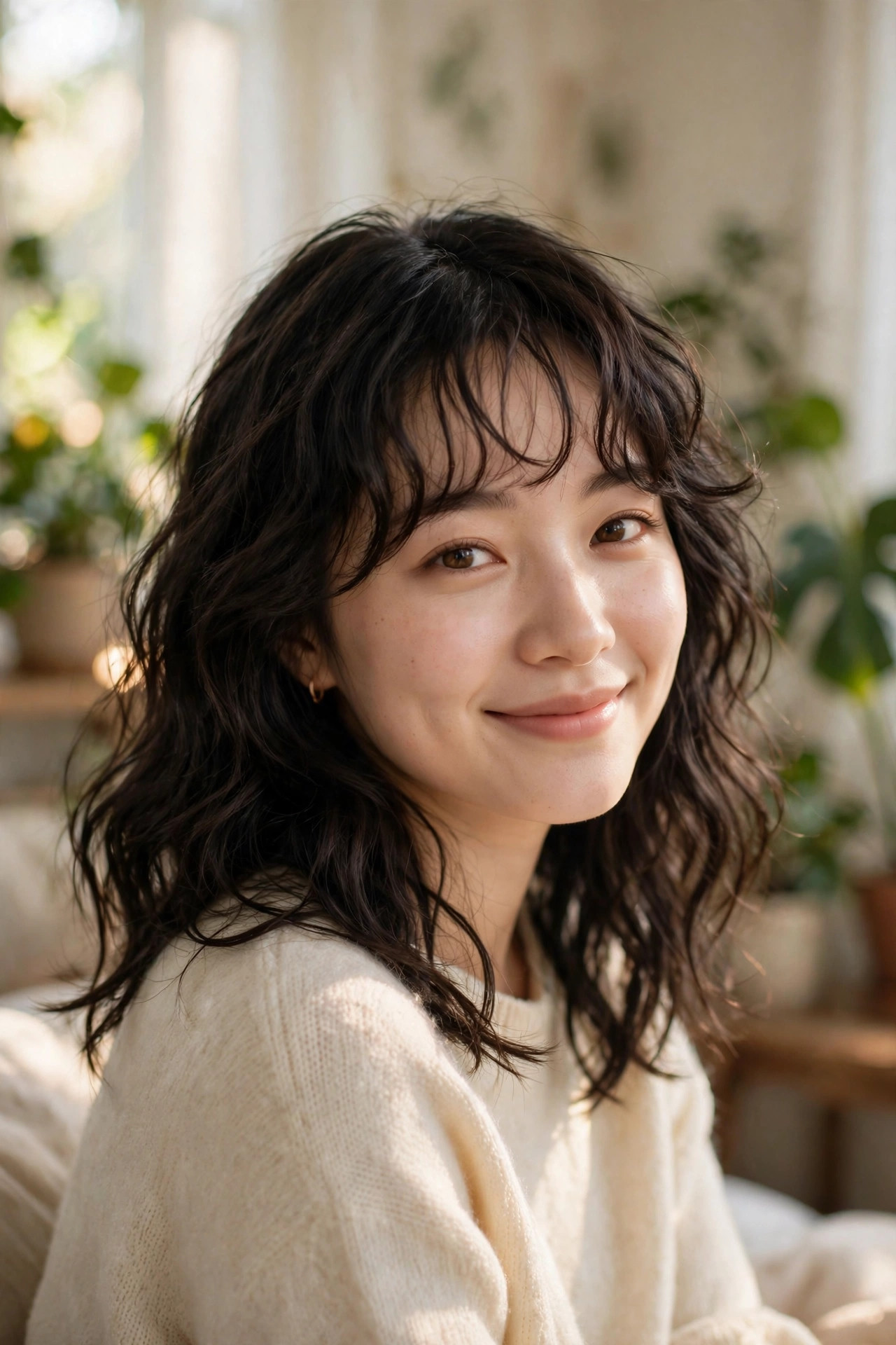 Woman with a wispy wavy fringe and soft dark waves
