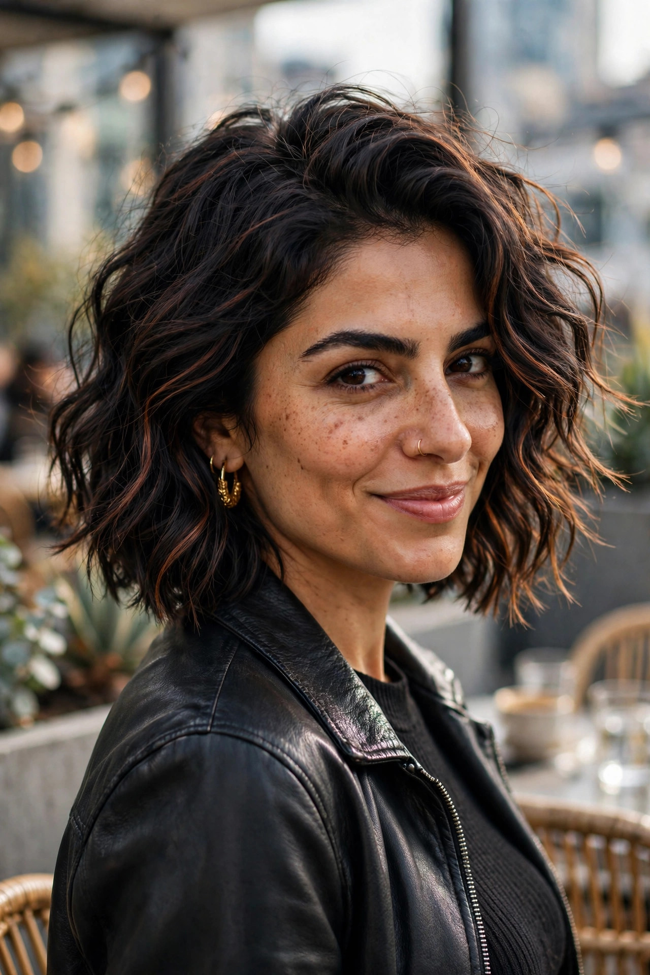 Woman with a piecey wavy lob and copper streaks
