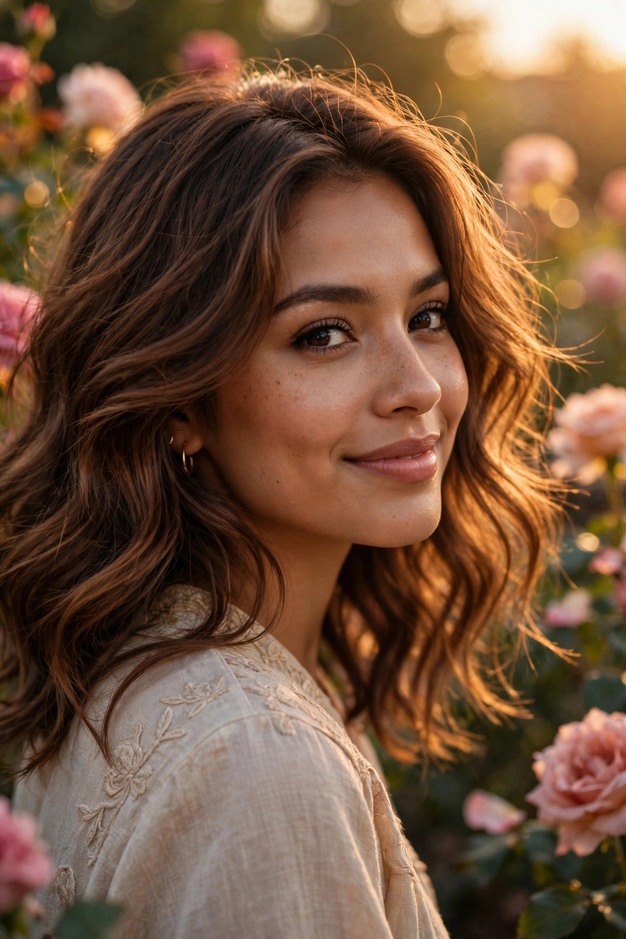 Woman with romantic wavy layers in a rose garden setting