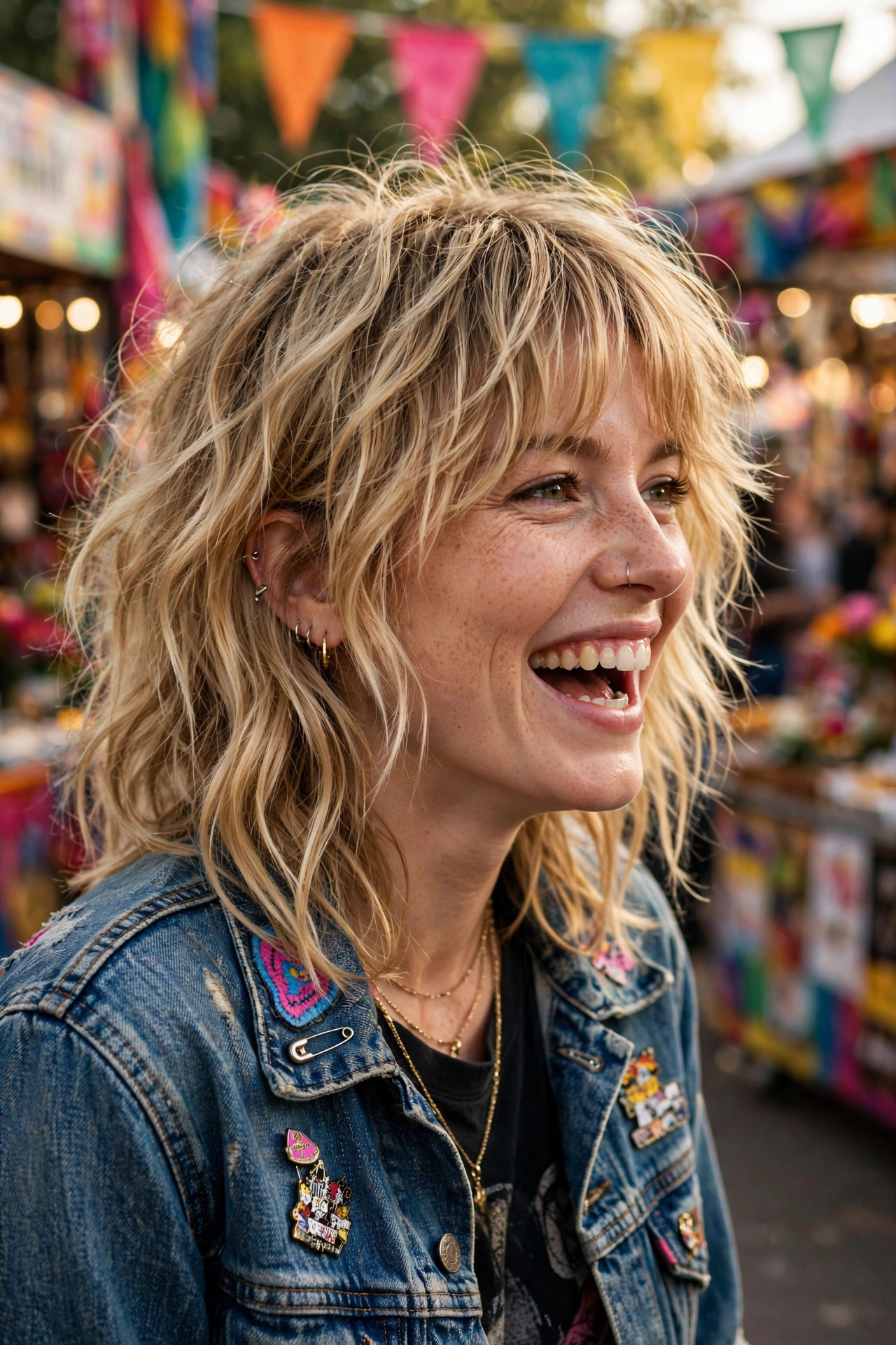 wavy shag with curtain bangs, a bold choice in shoulder length hairstyles for wavy hair