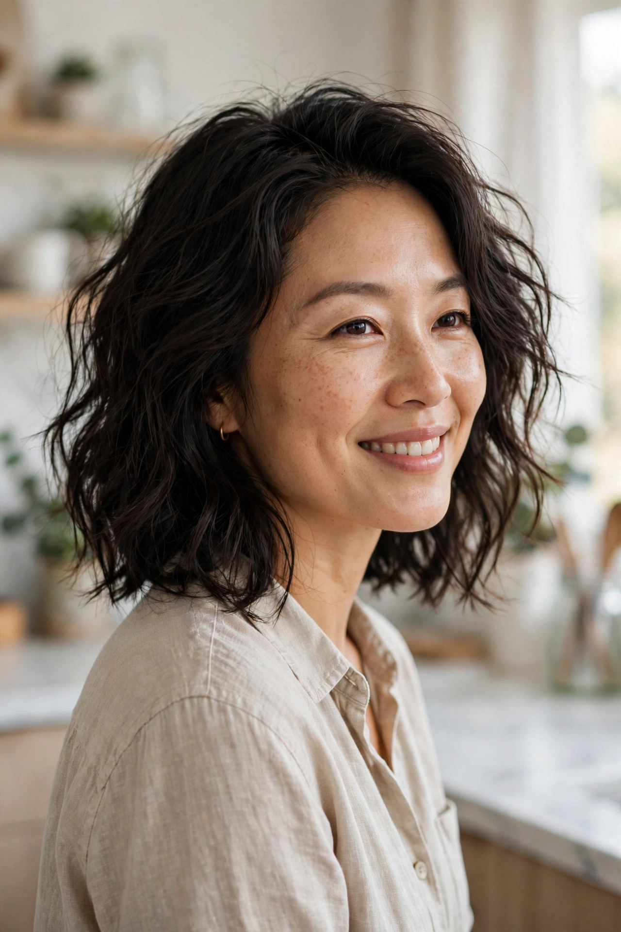 Woman with effortless air-dried waves in natural dark hair