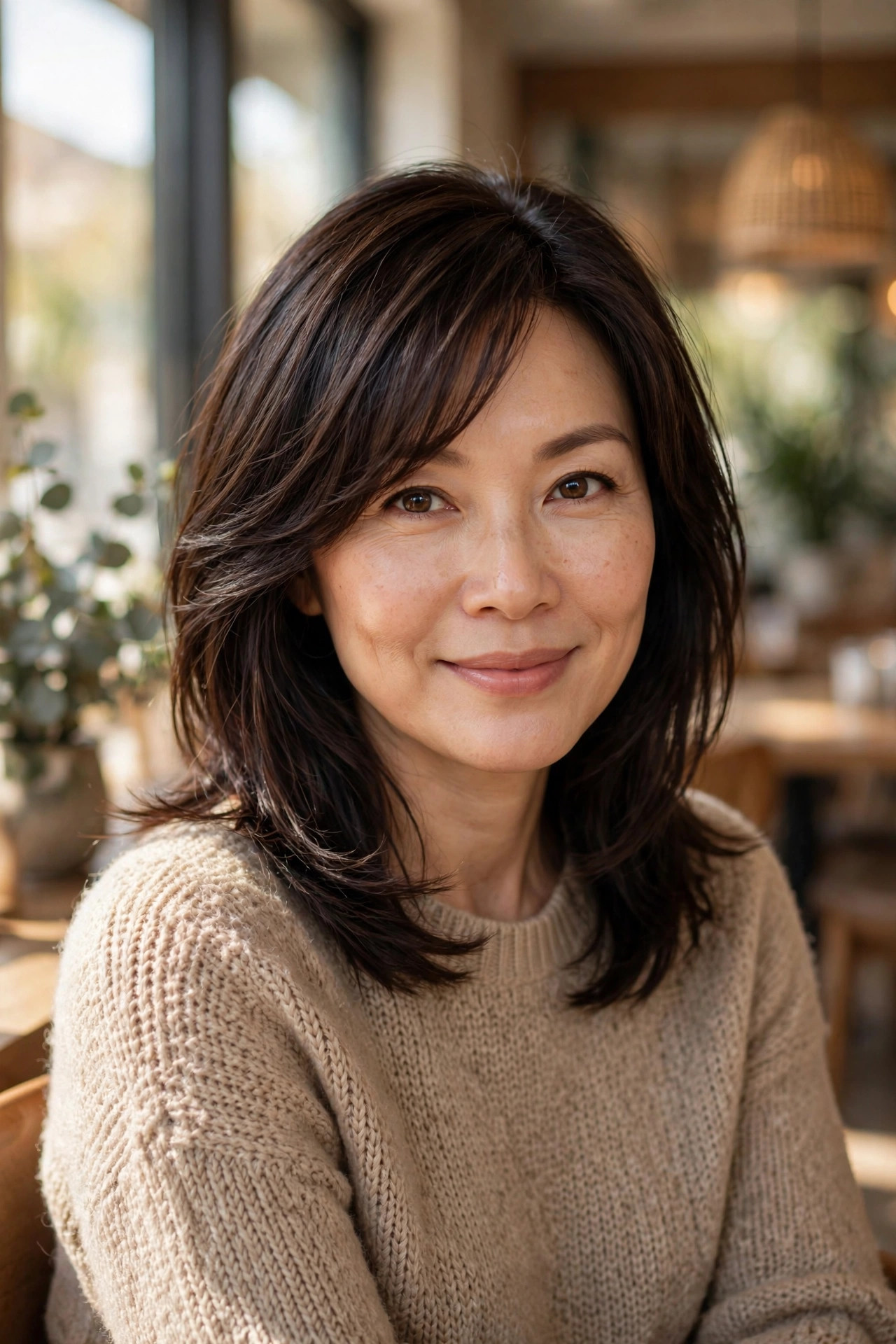 shoulder length hairstyles for women over 40 with side-swept bangs
