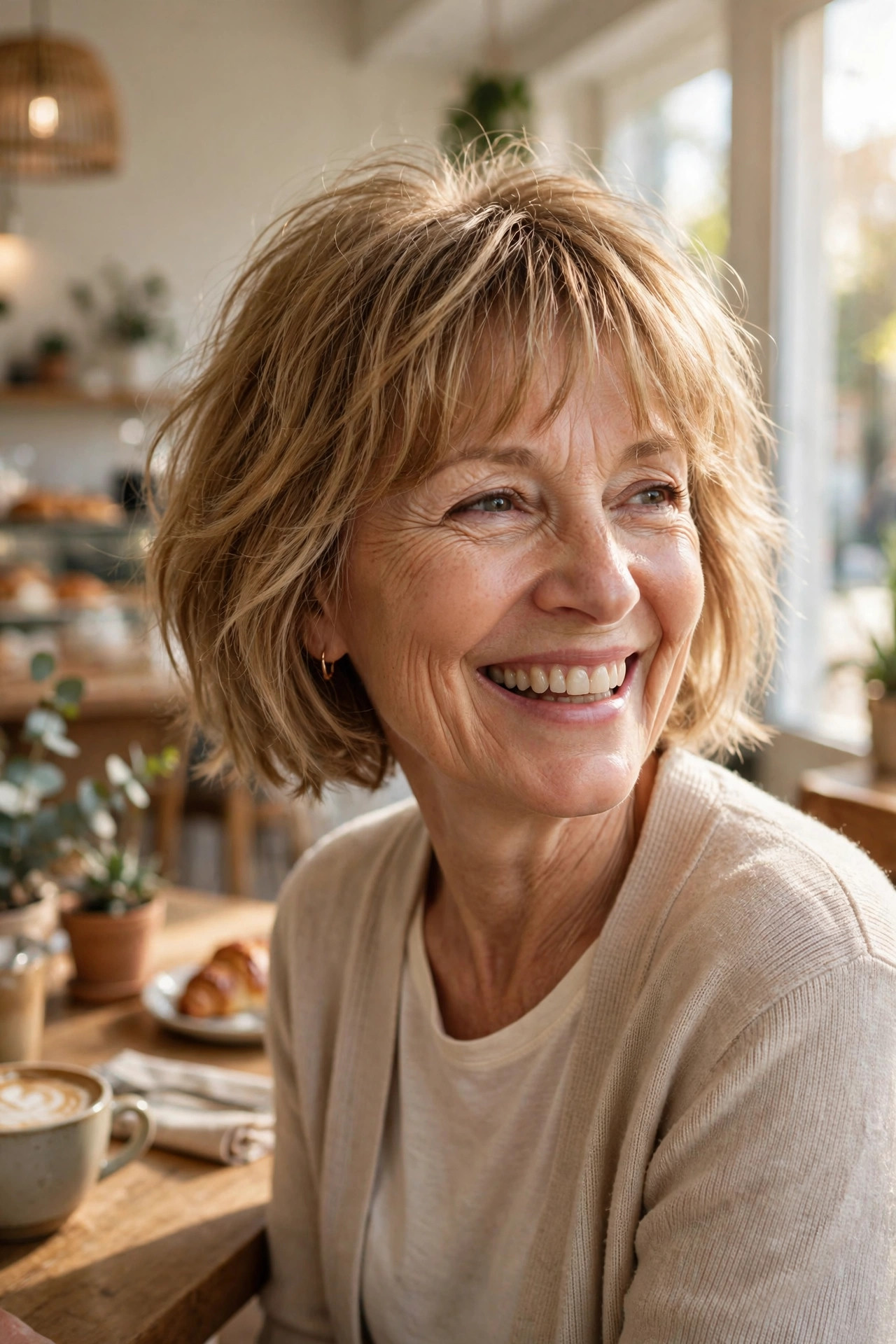 Smiling woman with a wispy-bangs choppy bob that adds volume to fine hair