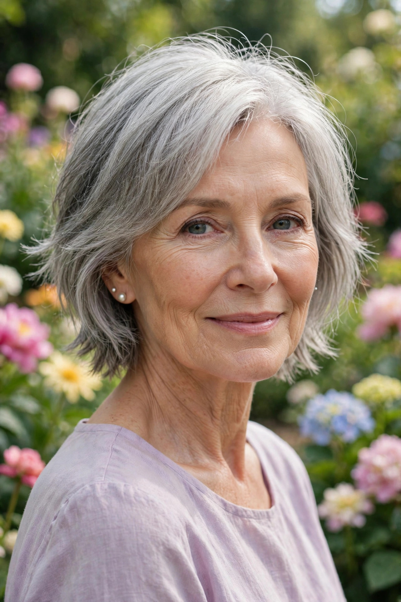 Graceful feathered-nape choppy bob in silver gray