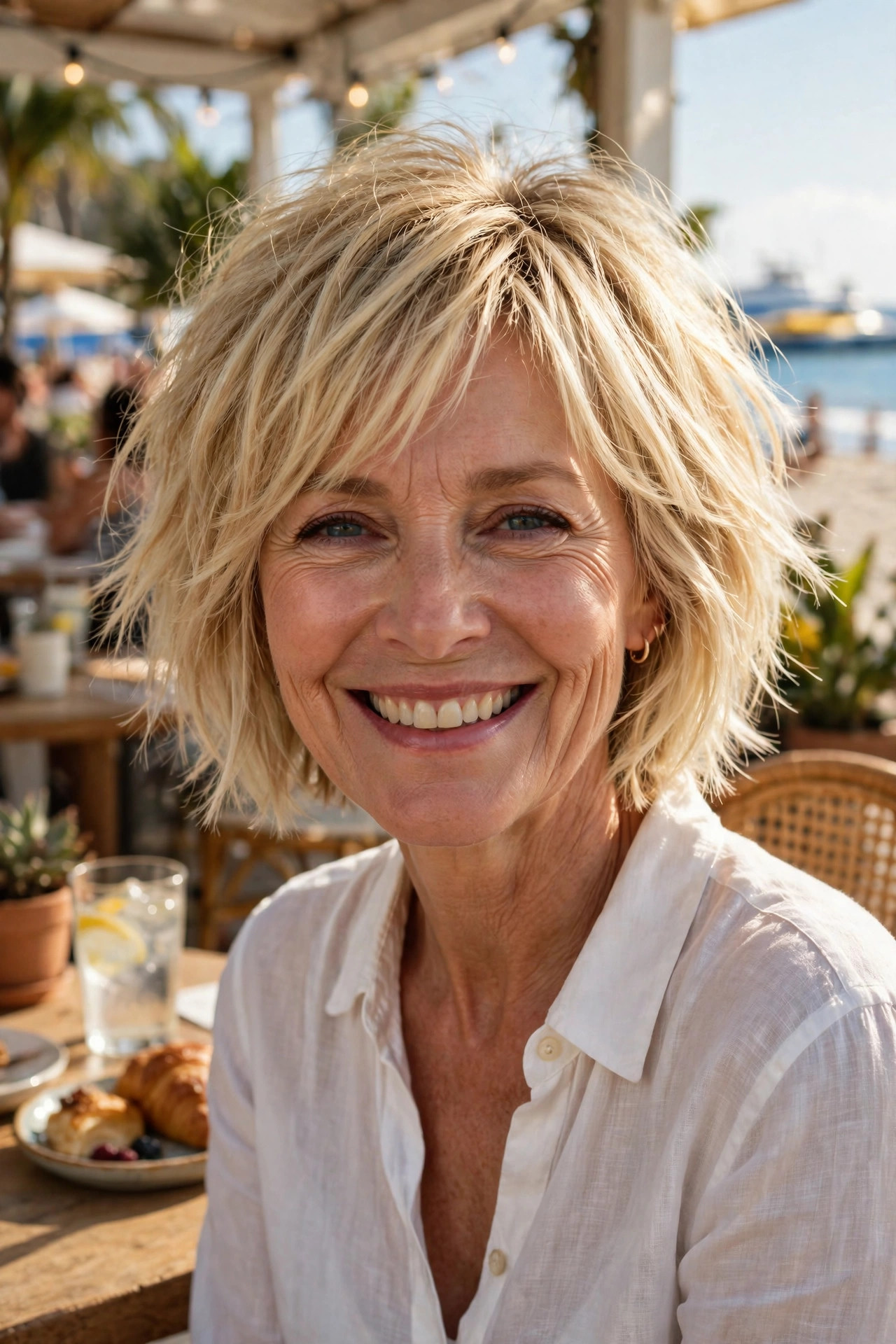 Glowing airy blonde choppy bob catching the sunlight