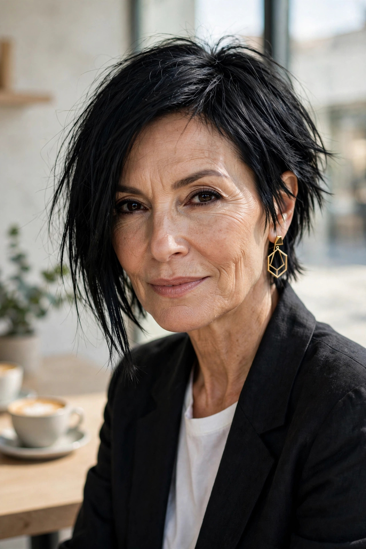 Fashionable asymmetric bob, longer on one side, in jet black