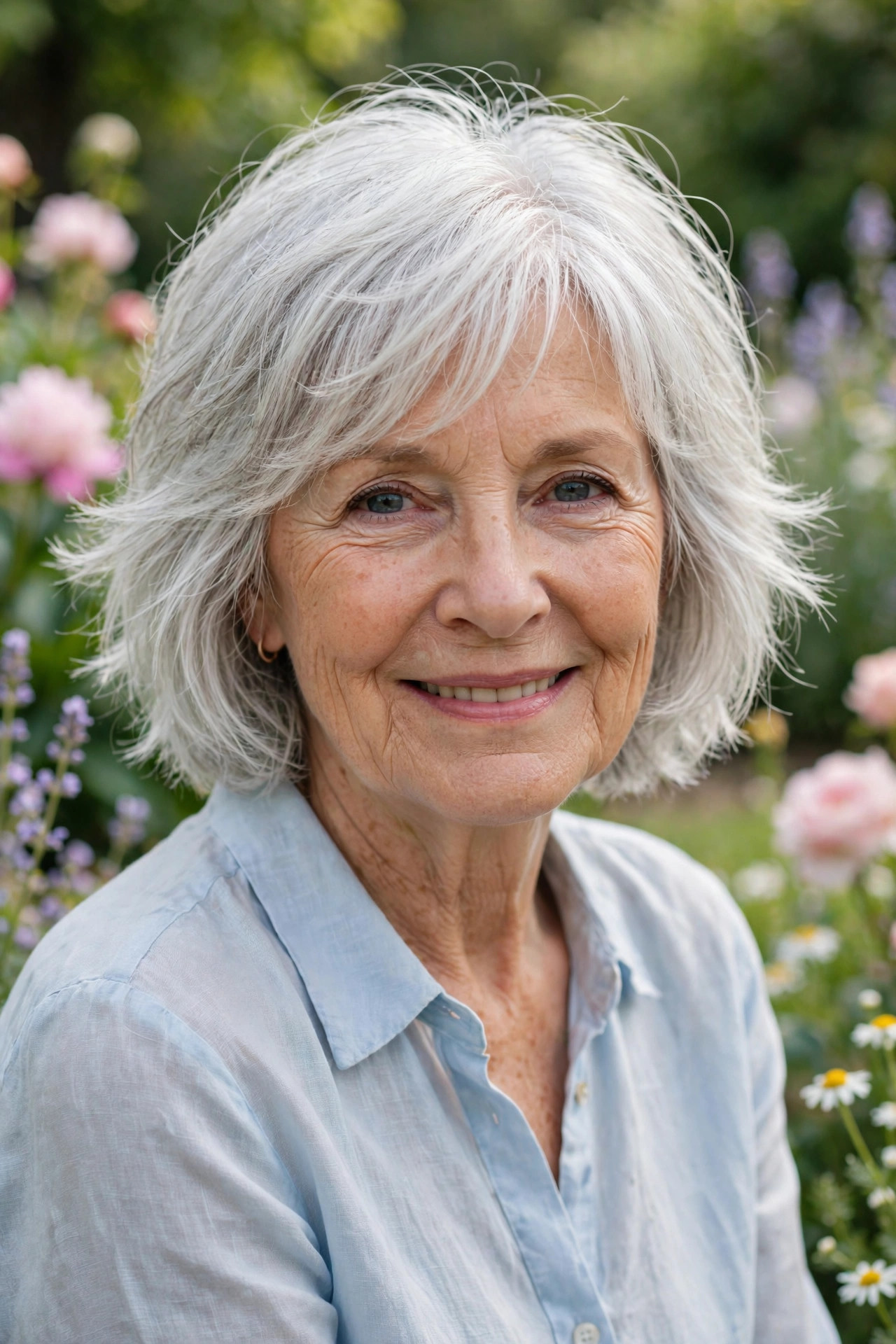 Gentle softly layered bob with feathered ends in silver white