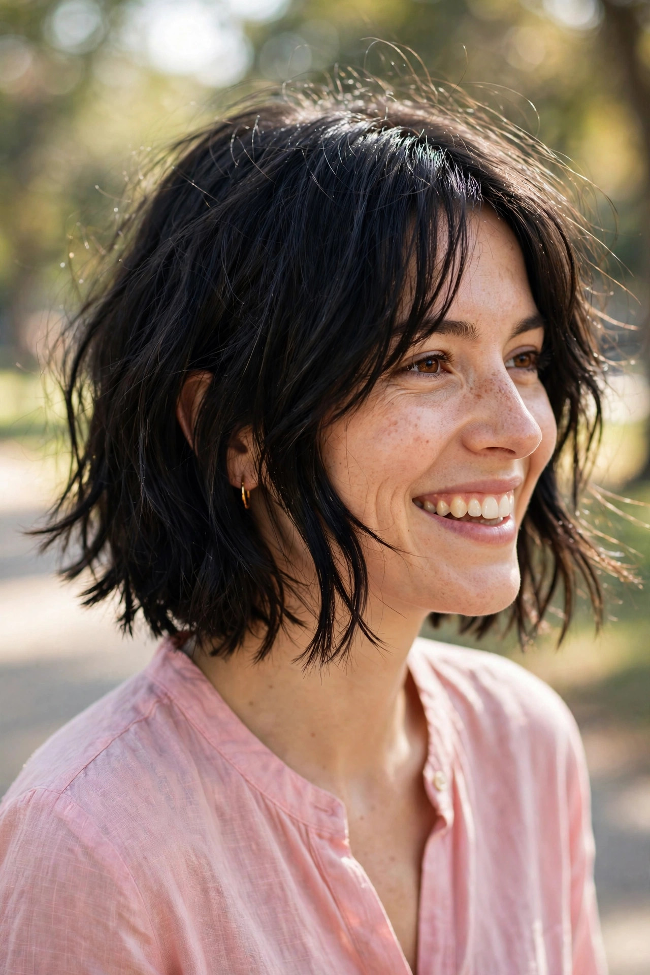 Wispy choppy ends on a deep espresso black bob — a light, airy choppy bob for thick heavy hair