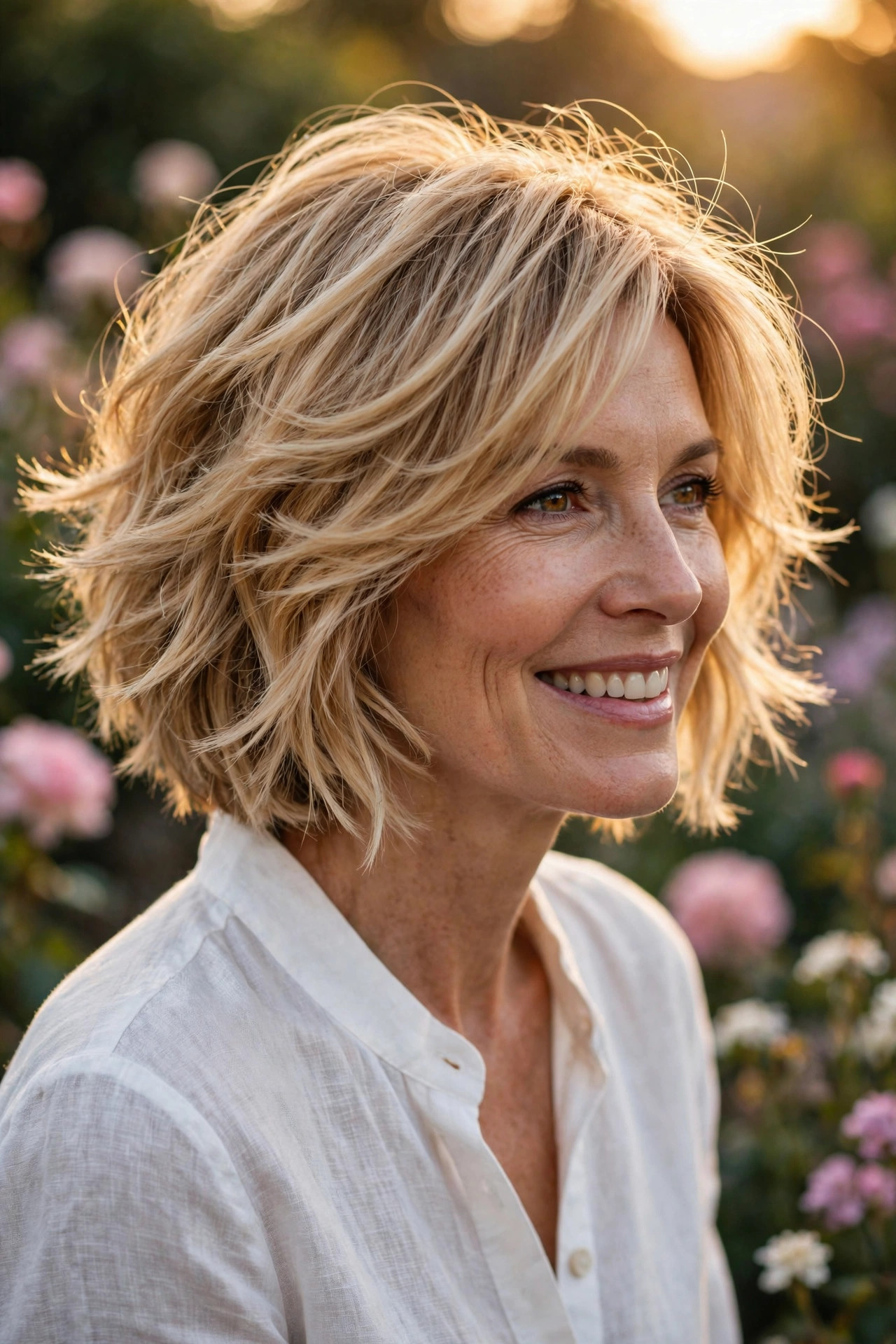Airy feathered bob in warm honey blonde with delicate layers — feathered choppy bob for thick heavy hair
