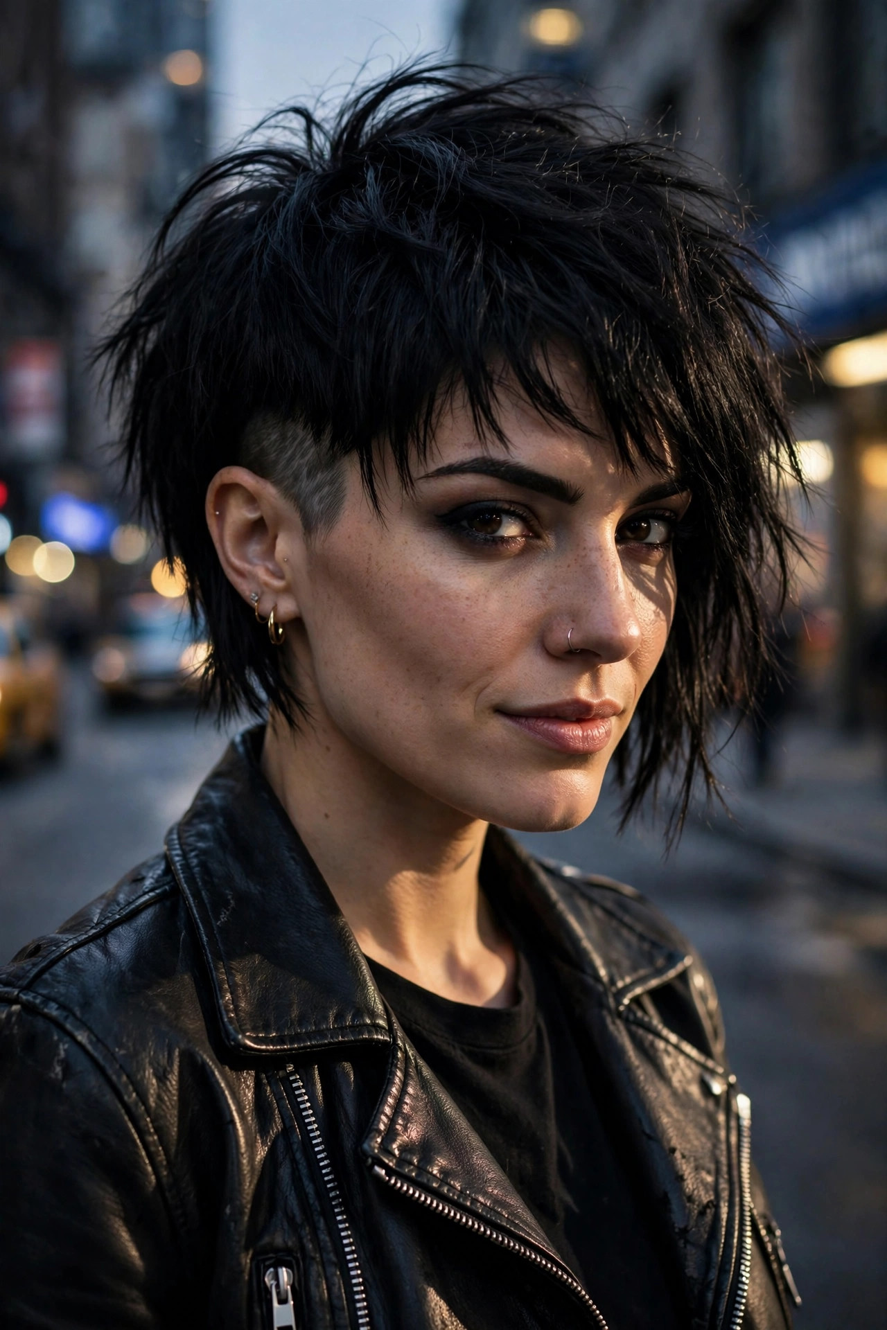 Bold undercut choppy bob with hidden shaved nape on jet black hair — edgy cut for very thick hair