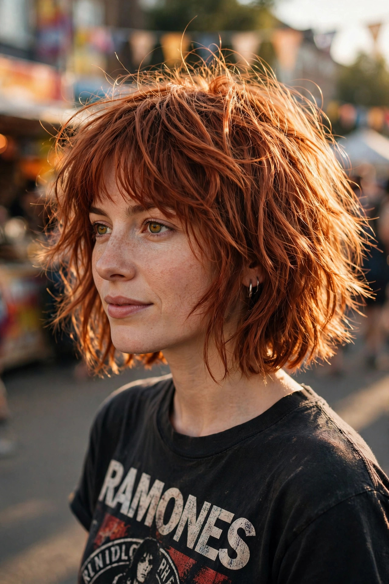 Shaggy volume bob with tousled copper layers and rocker texture — choppy bob for thick heavy hair with volume