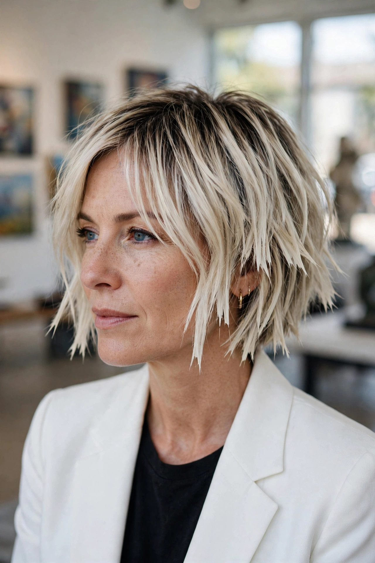 Jagged edge bob in platinum blonde with sharp textured ends — modern choppy bob for thick heavy hair