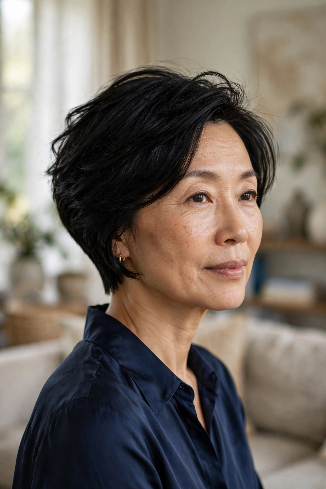 Tapered nape bob with neat neckline and choppy textured top on silky black hair