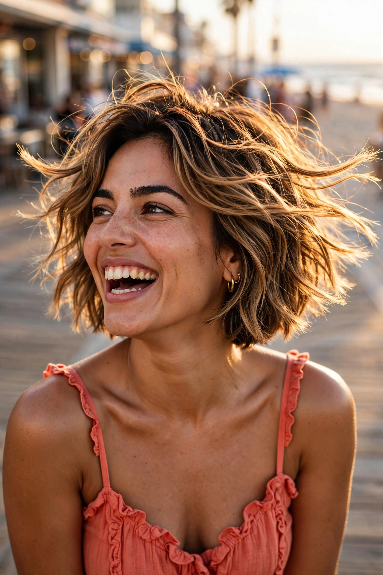 Bouncy piecey bob with caramel balayage and defined separated pieces — playful choppy bob for thick heavy hair
