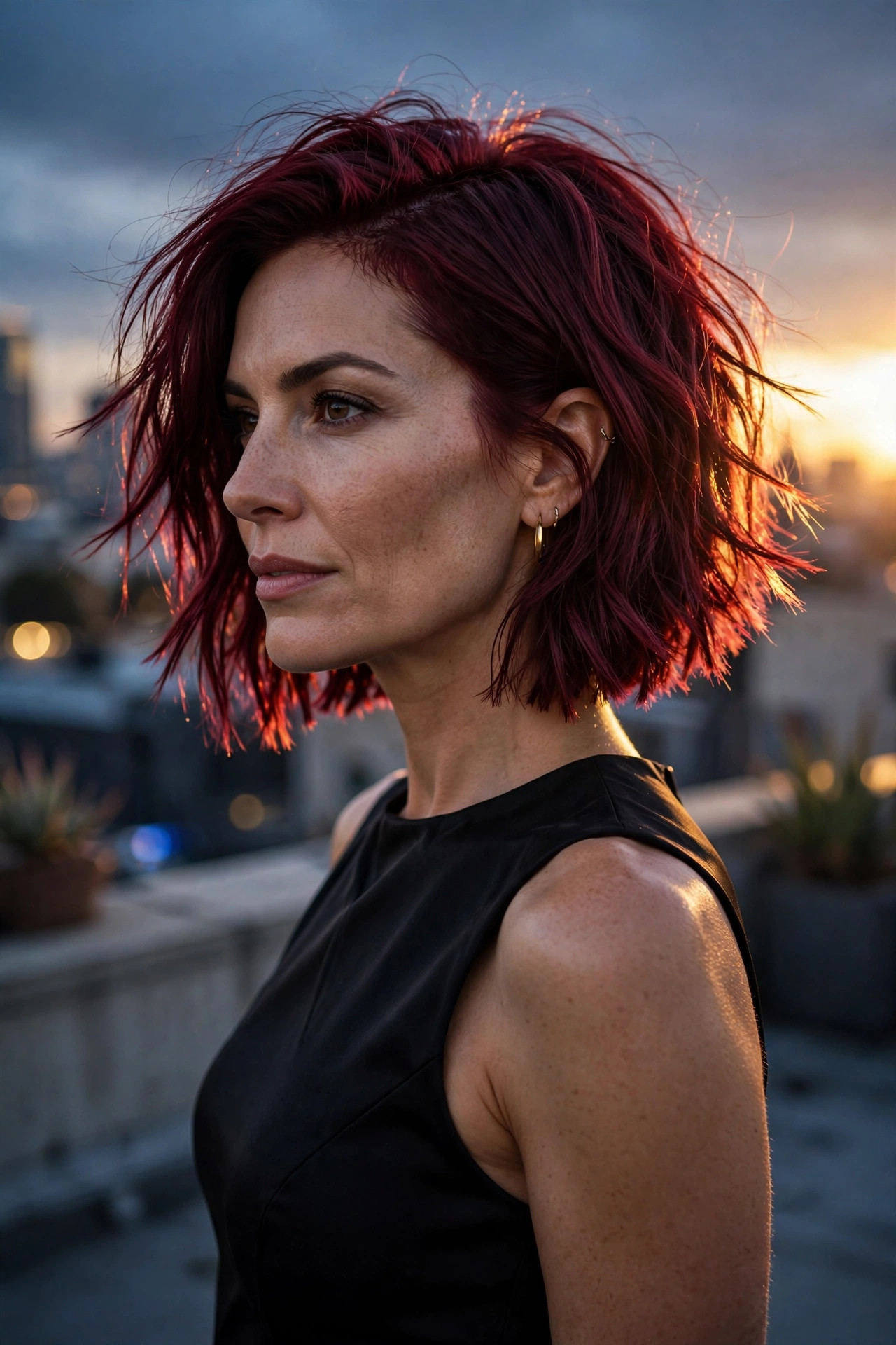Razored edge bob in deep burgundy with razor-textured ends — sleek choppy bob for thick heavy hair
