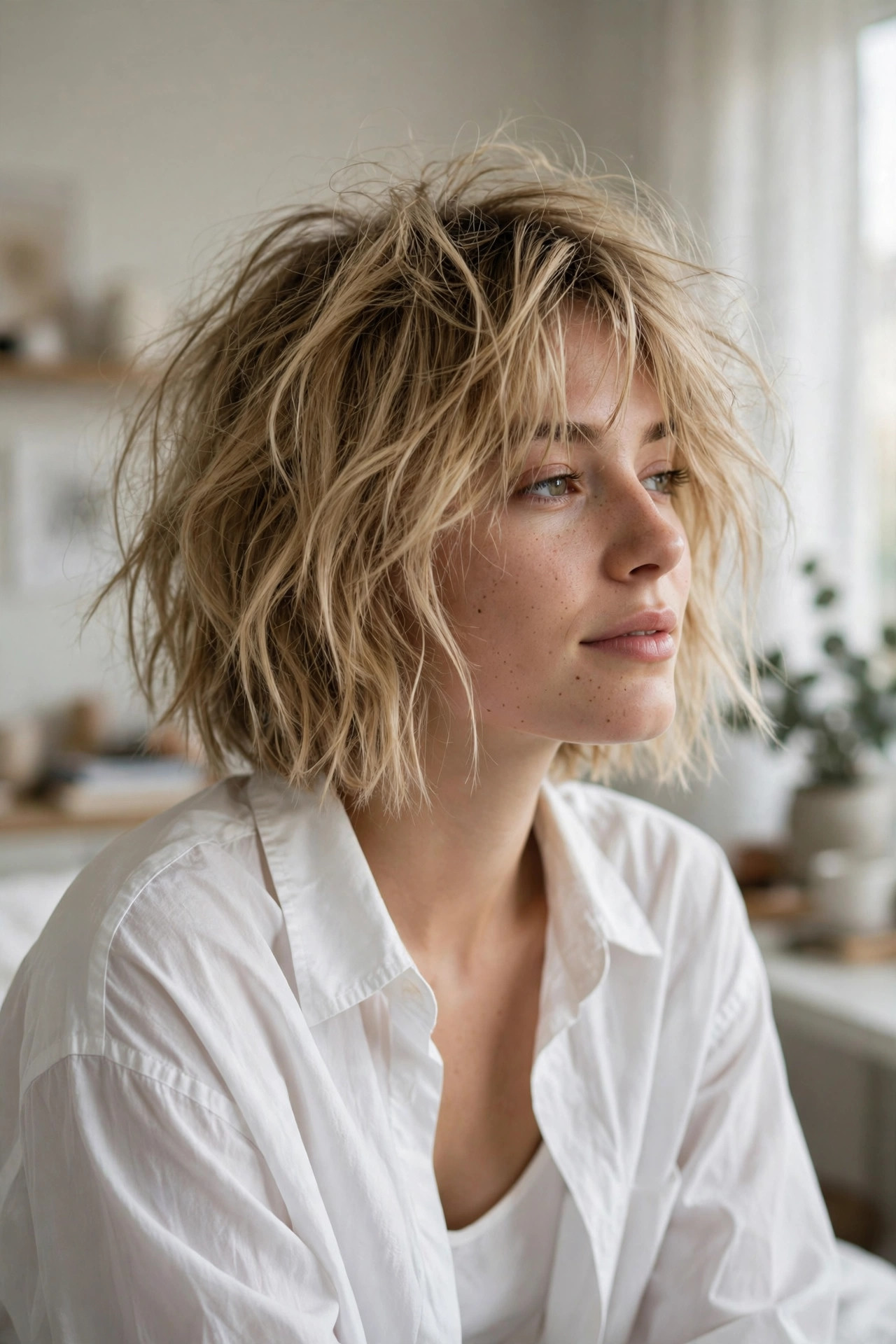 Messy bedhead bob with undone choppy texture on tousled dirty blonde hair