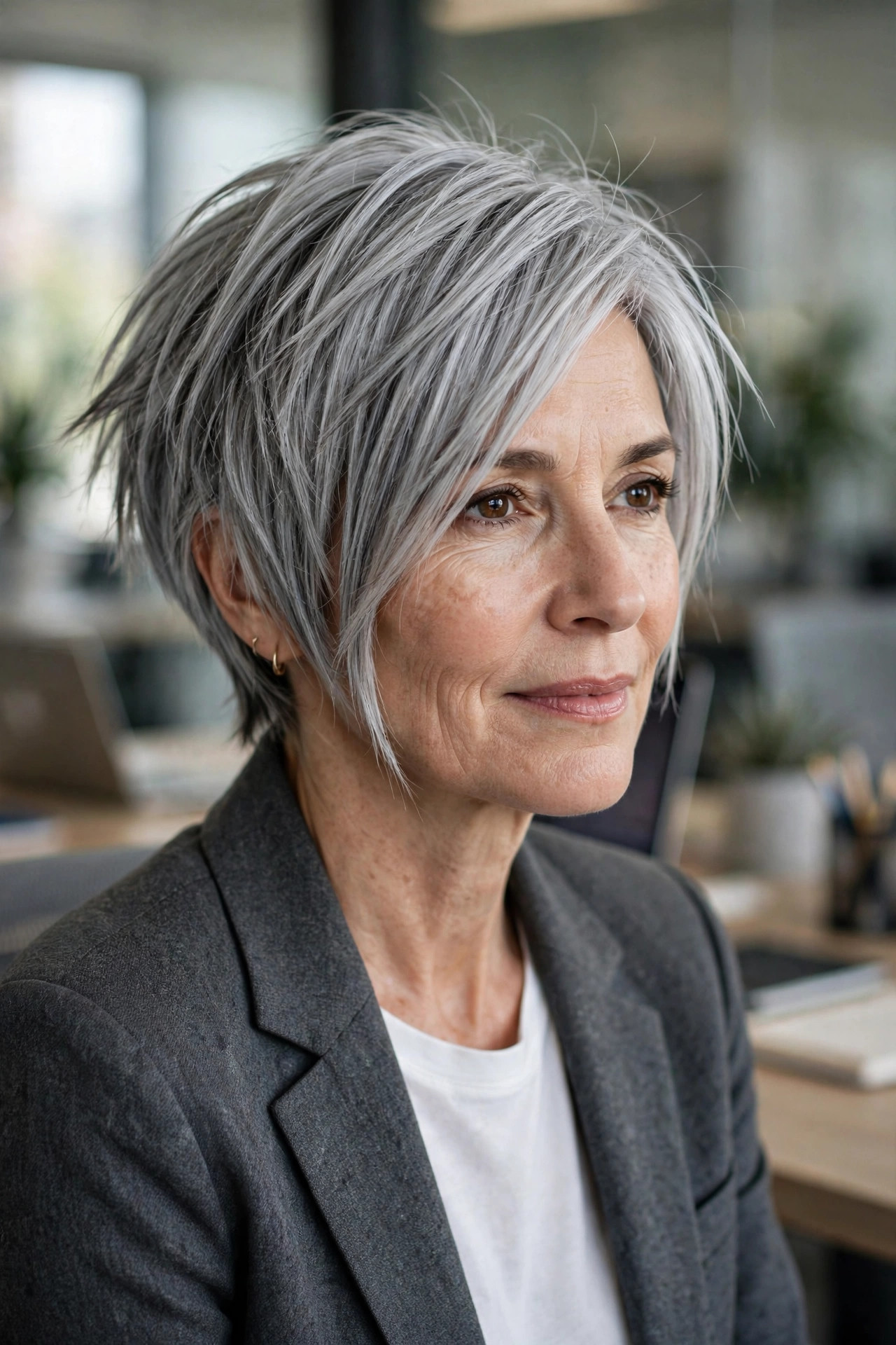 Angled choppy bob in sleek silver-gray with longer front pieces — sophisticated choppy bob for thick heavy hair