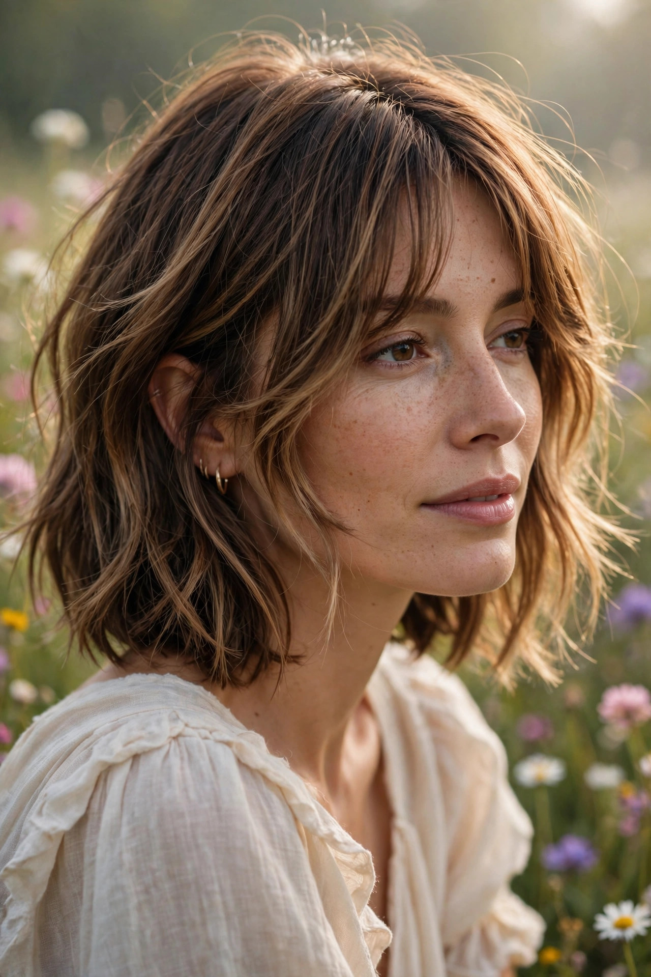 Feathered curtain bob with soft curtain bangs and caramel highlights, romantic and face-framing
