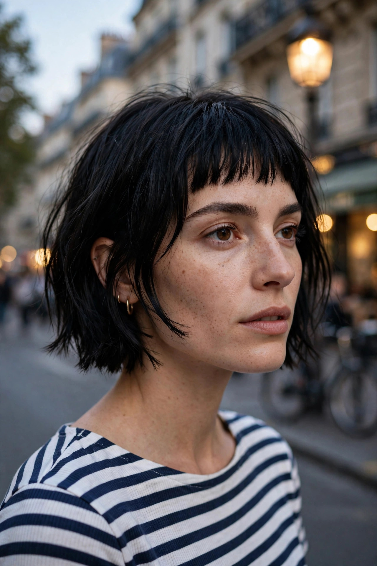 Choppy French bob with micro bangs in glossy jet black — Parisian choppy bob for thick heavy hair