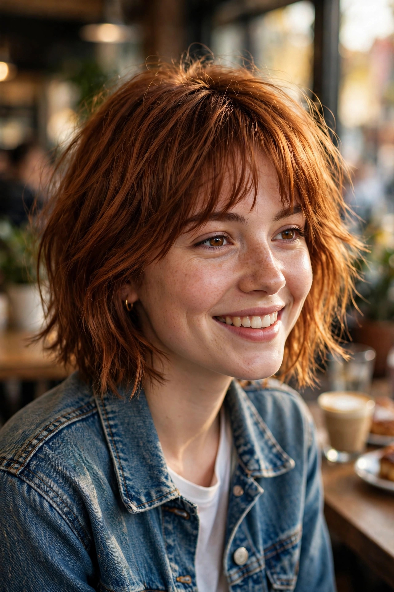 Wispy bang bob in warm auburn with soft fringe, cute and youthful