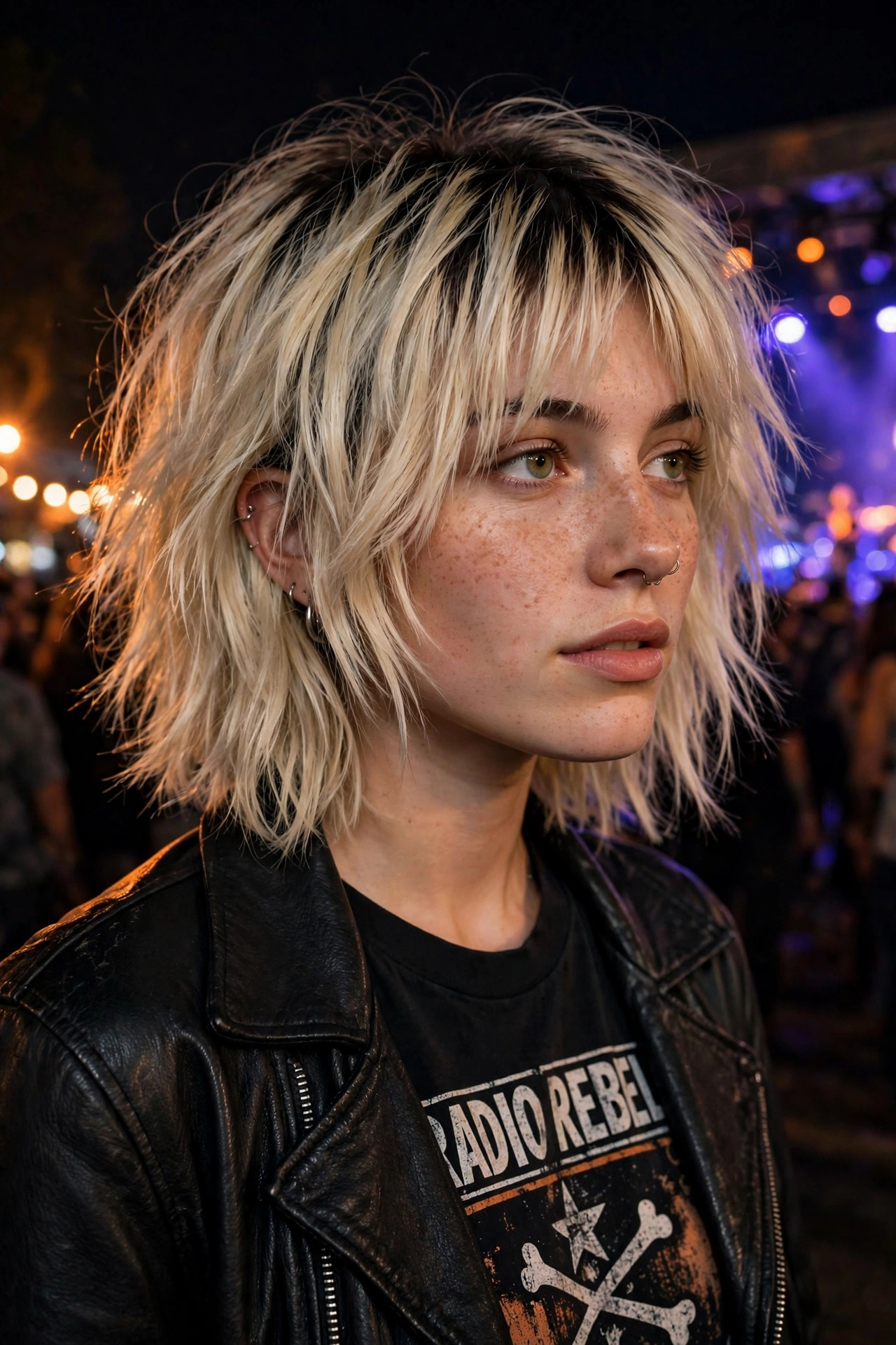 Rockstar shag bob in platinum with dark roots and heavy choppy layers — edgy choppy bob for thick heavy hair