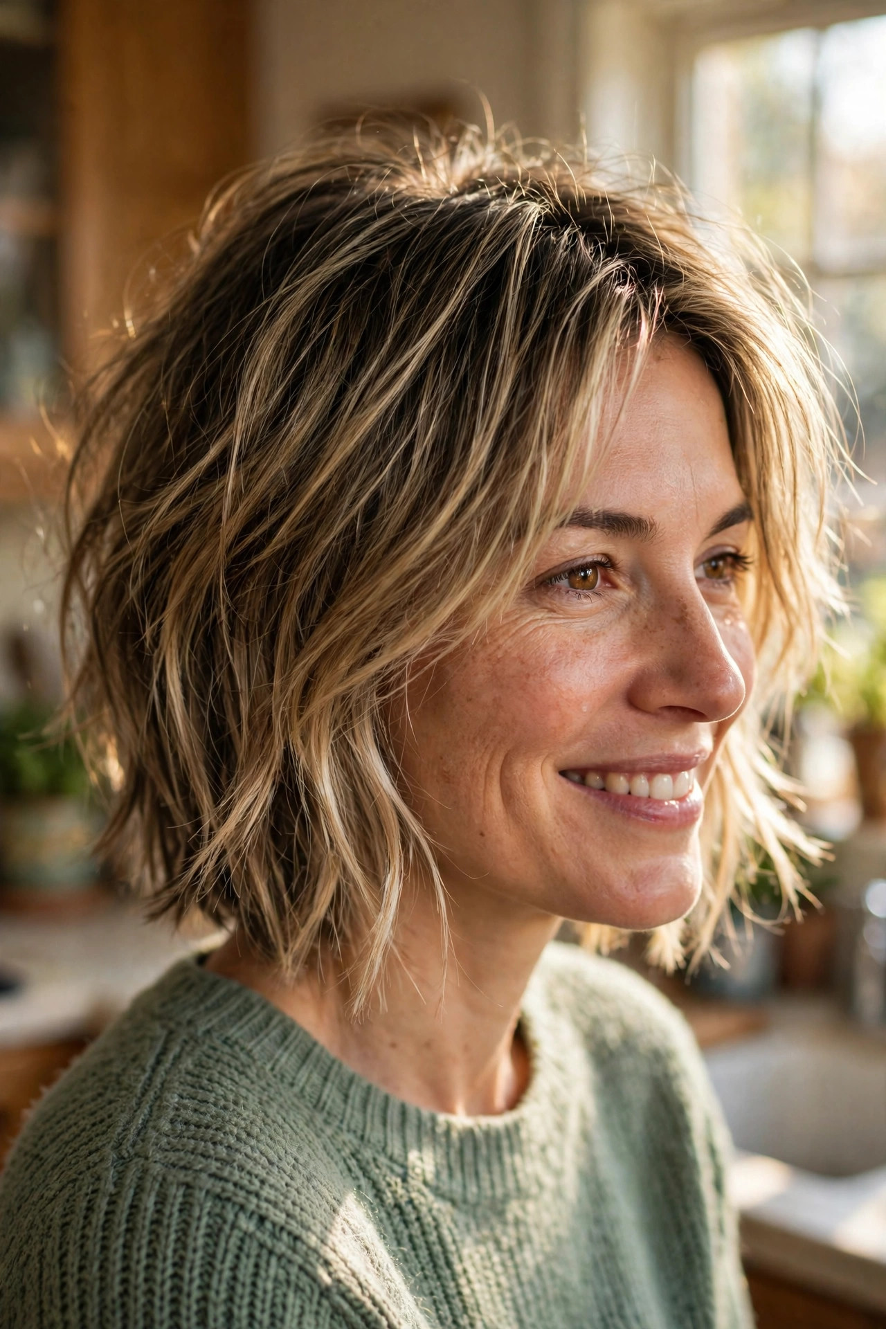 Bob with soft choppy layers in natural dark blonde with sun-kissed dimension