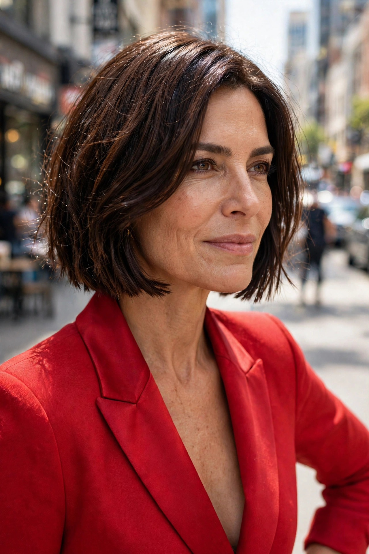Blunt-edged chop bob with strong perimeter and choppy interior on glossy chocolate hair