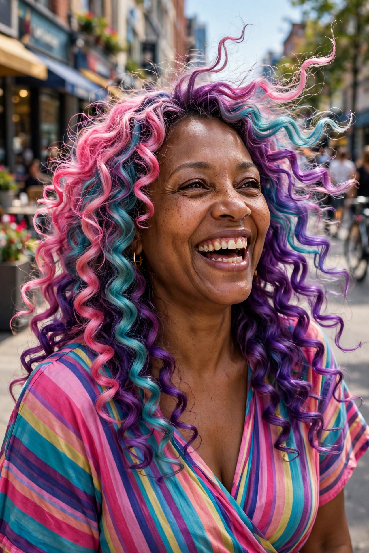 Bouncy rainbow spiral curls with pink, turquoise, and violet ringlets