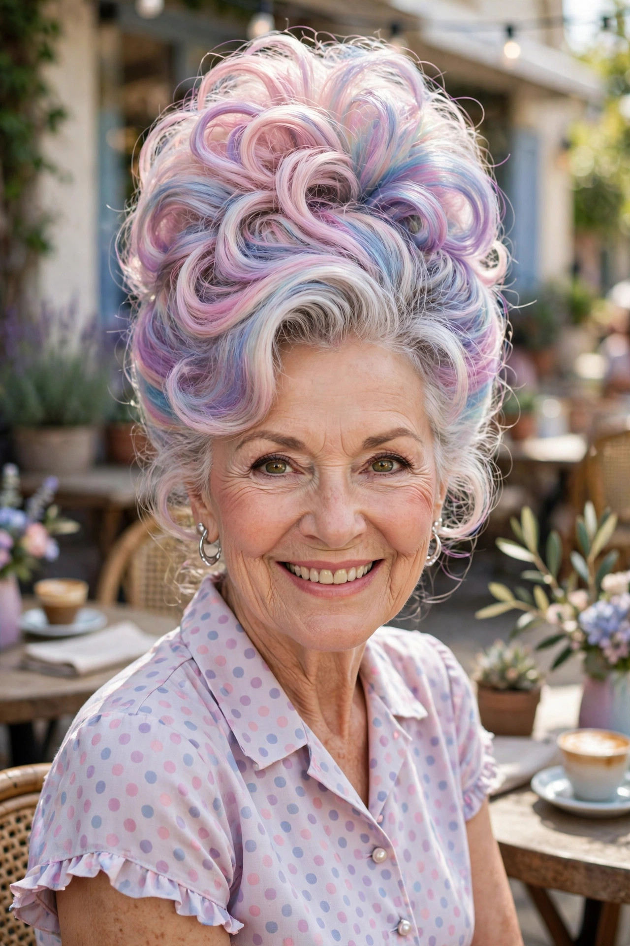 Towering rainbow-tinted beehive clown hairstyles updo