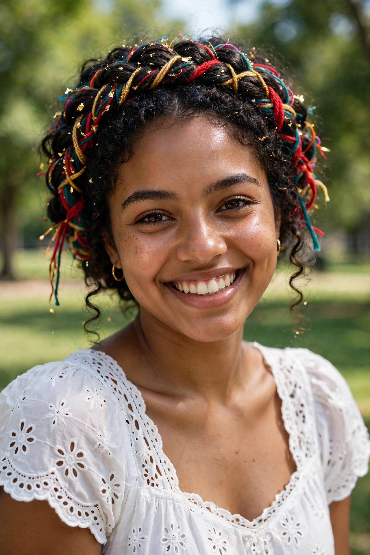 Braided crown woven with colorful confetti threads and yarn accents