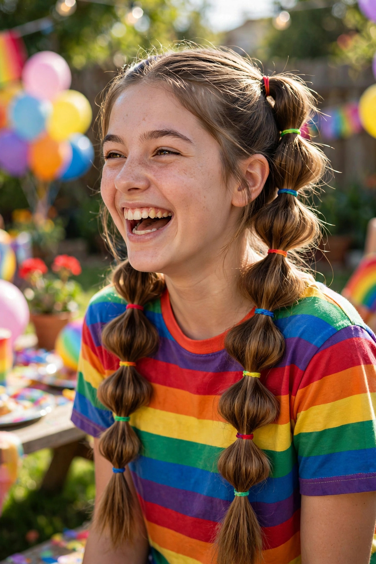 Balloon-style bubble braids tied with rainbow elastics