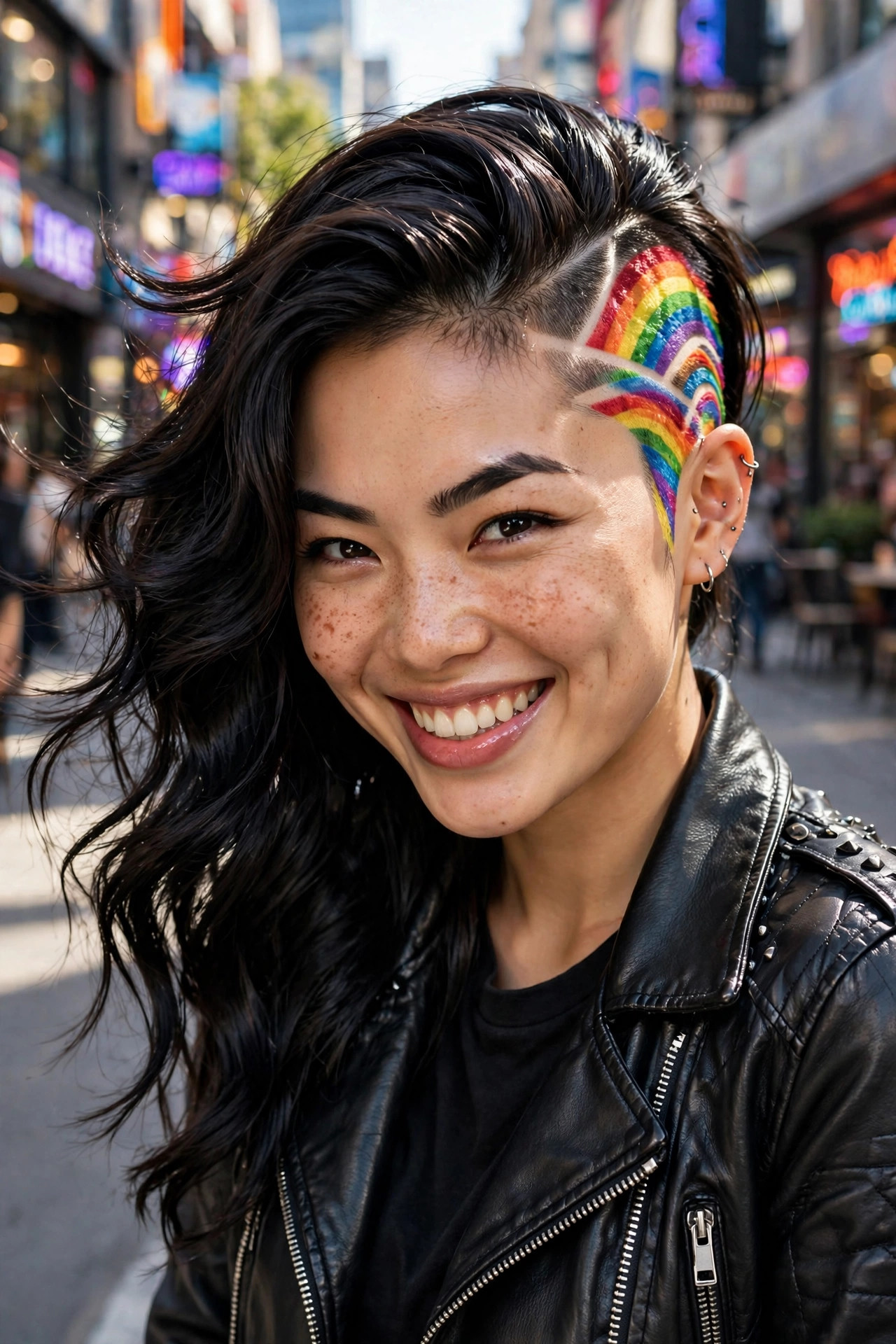 Dramatic side-swept hair with rainbow undercut clown hairstyles design