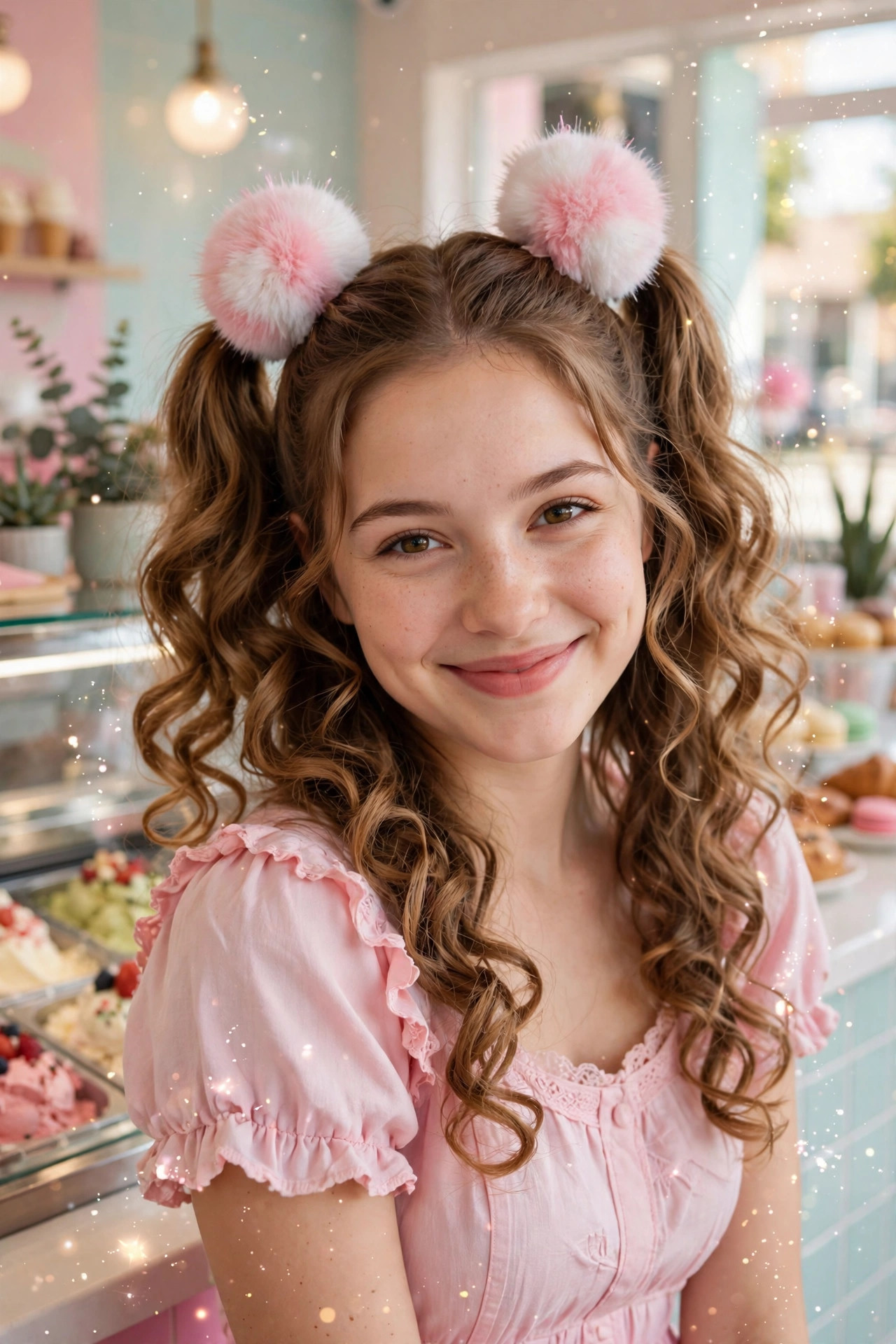 High pigtails topped with fluffy pink and white pompom accessories