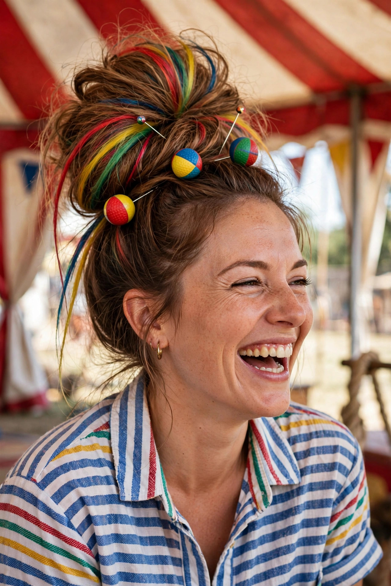 Giant messy top bun with multicolored streaks and juggling-ball pins