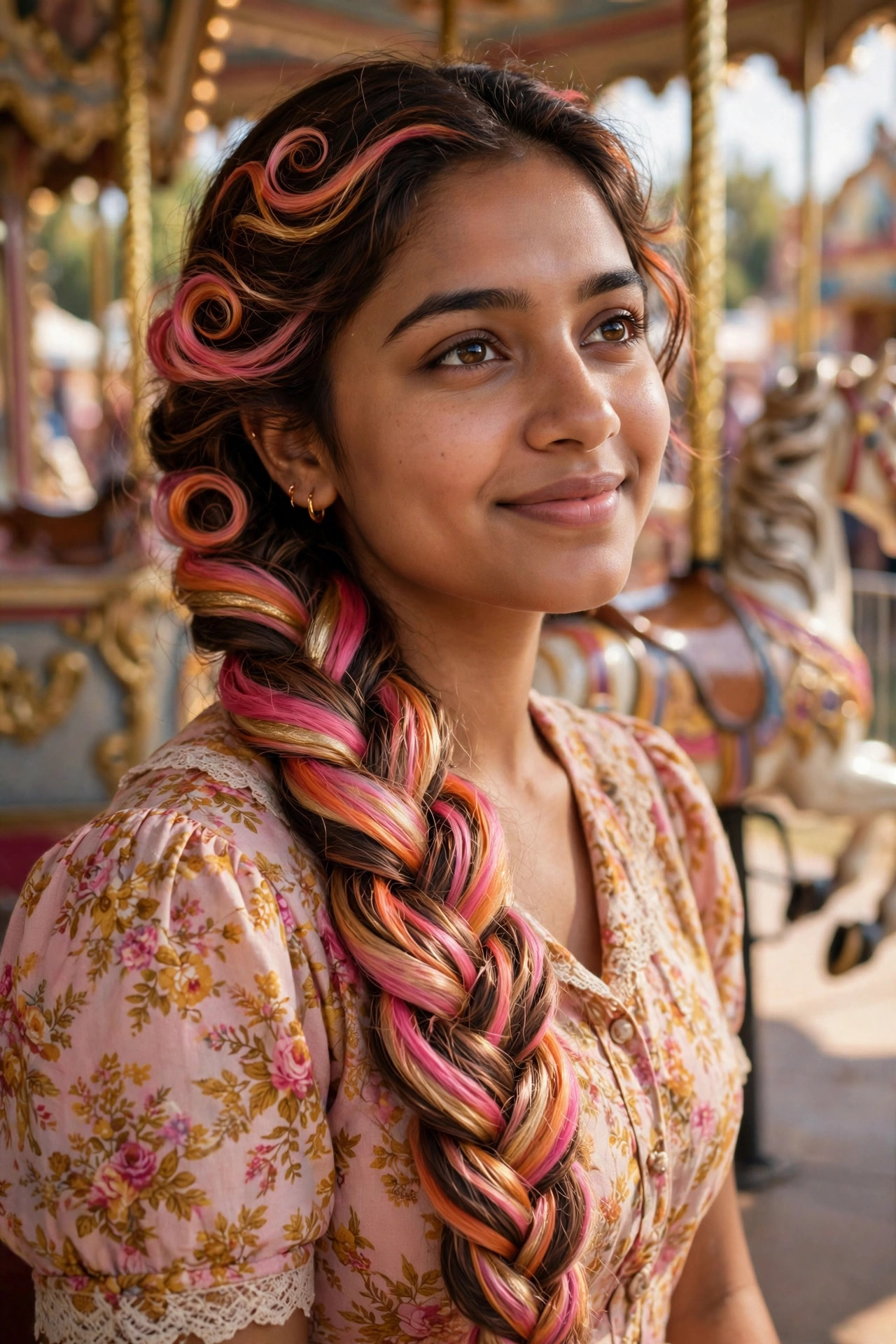 Long side fishtail braid in pink orange and gold clown hairstyles tones