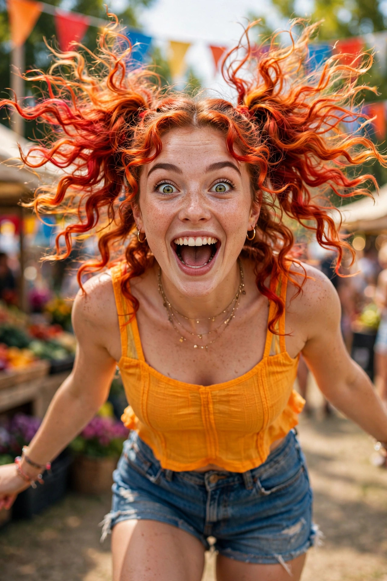 Explosive red and orange pigtail curls with firecracker energy