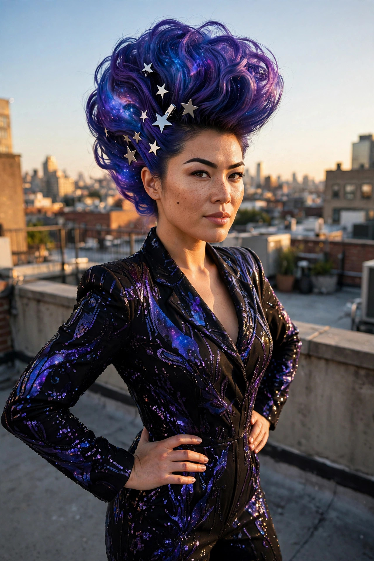 Voluminous pompadour with silver star clips and galaxy clown hairstyles color