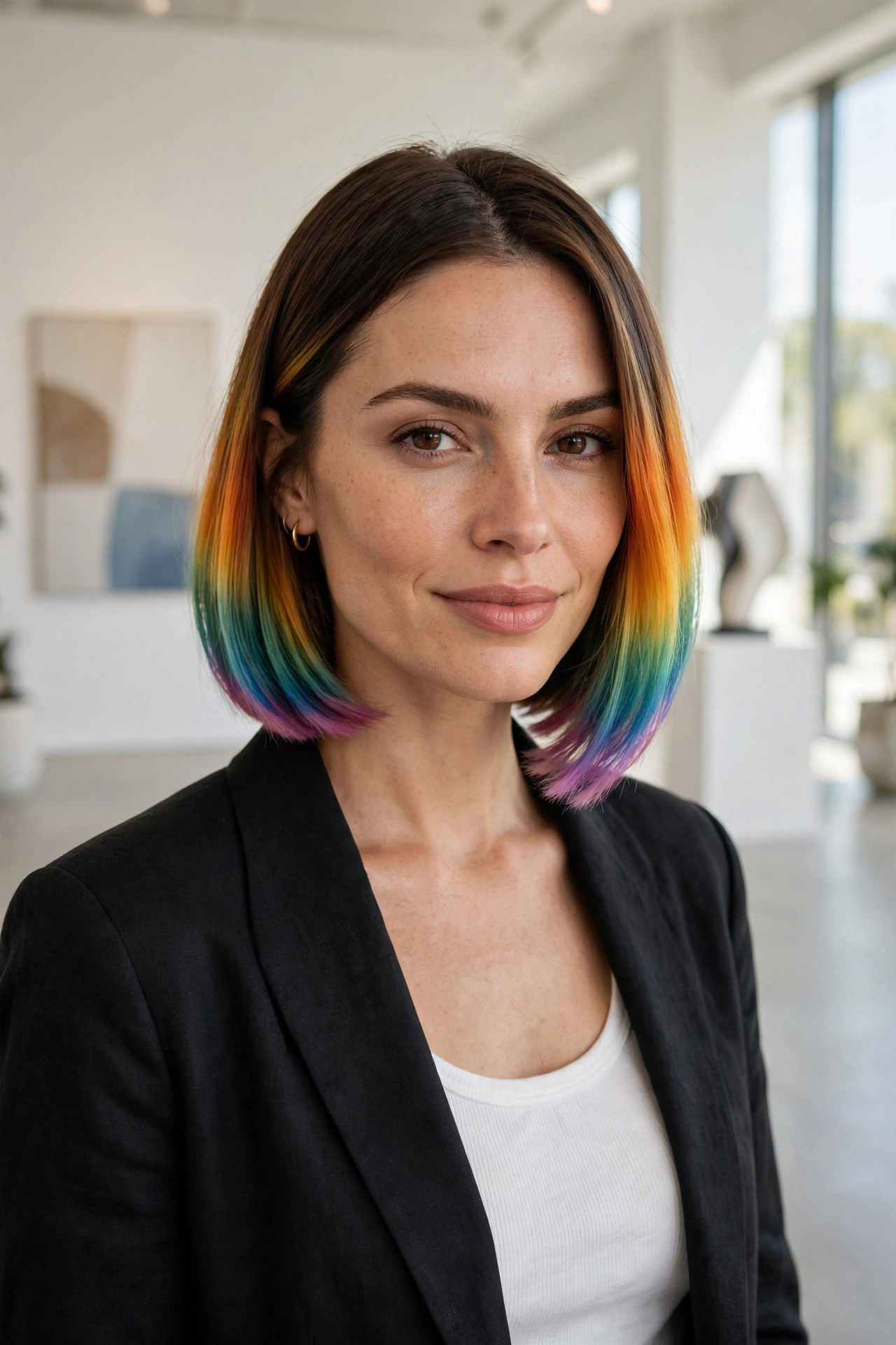 Sleek chin-length bob fading into rainbow ombré clown hairstyles ends
