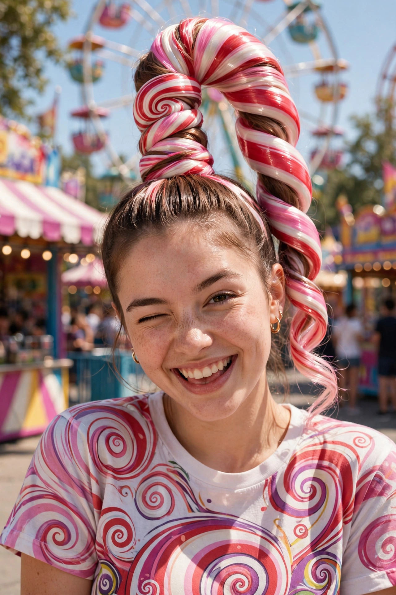 Super high twisted ponytail wrapped in lollipop-swirled pink and red sections