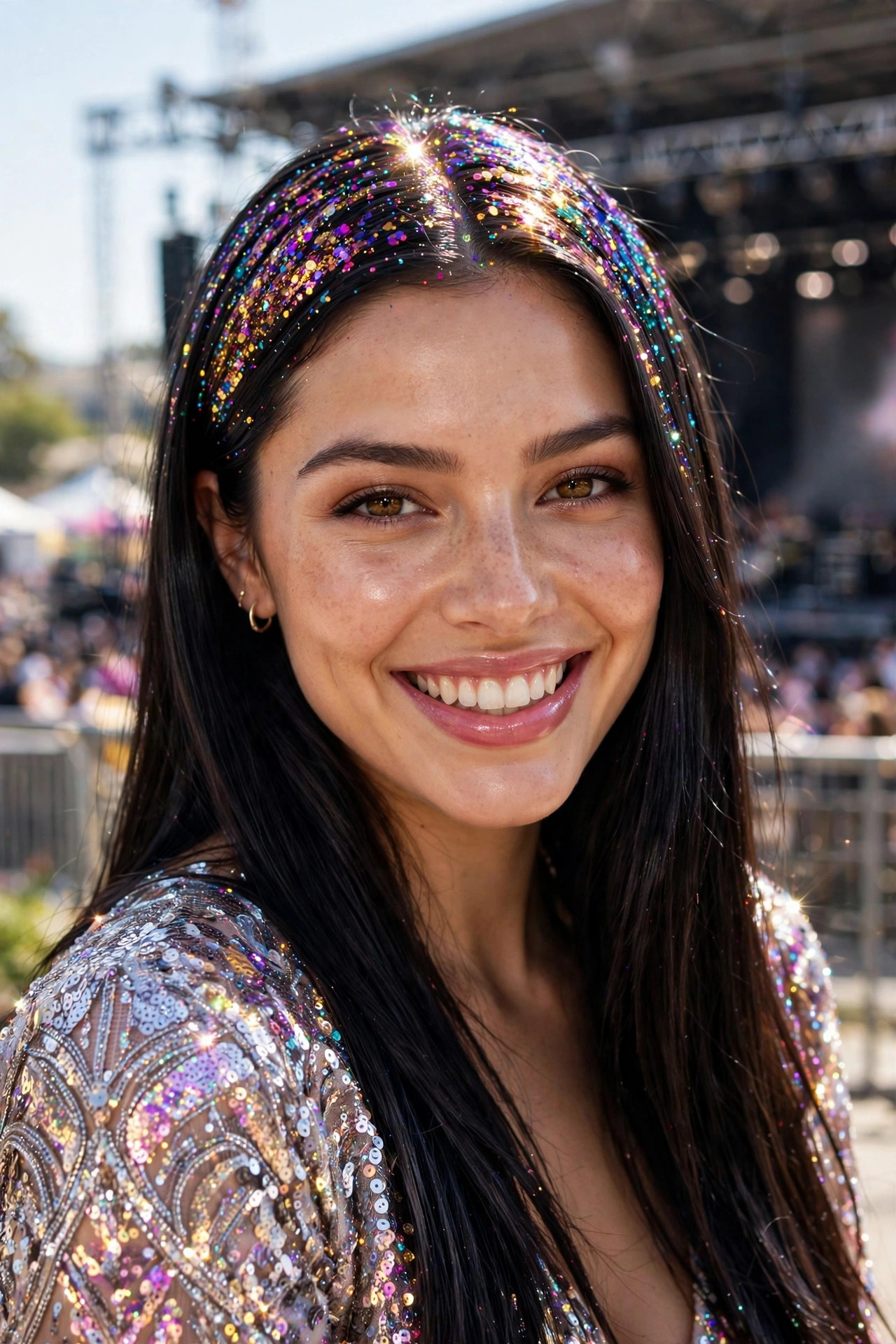 Dark hair with sparkling multicolored glitter roots and sleek lengths